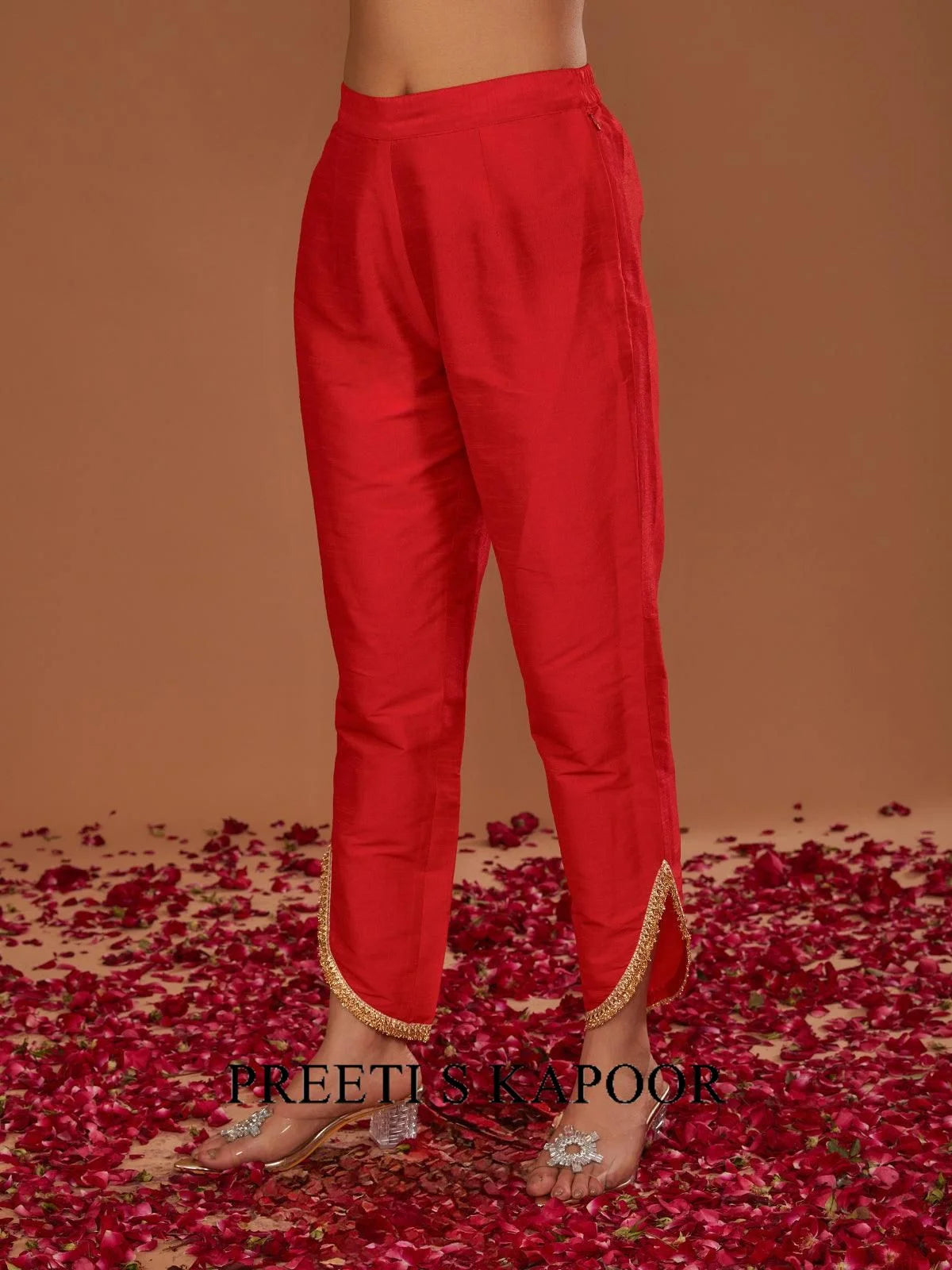 RED LONG KURTA WITH TAPERED SIDE CUT PANT AND DUPATTA - PREETI S KAPOOR