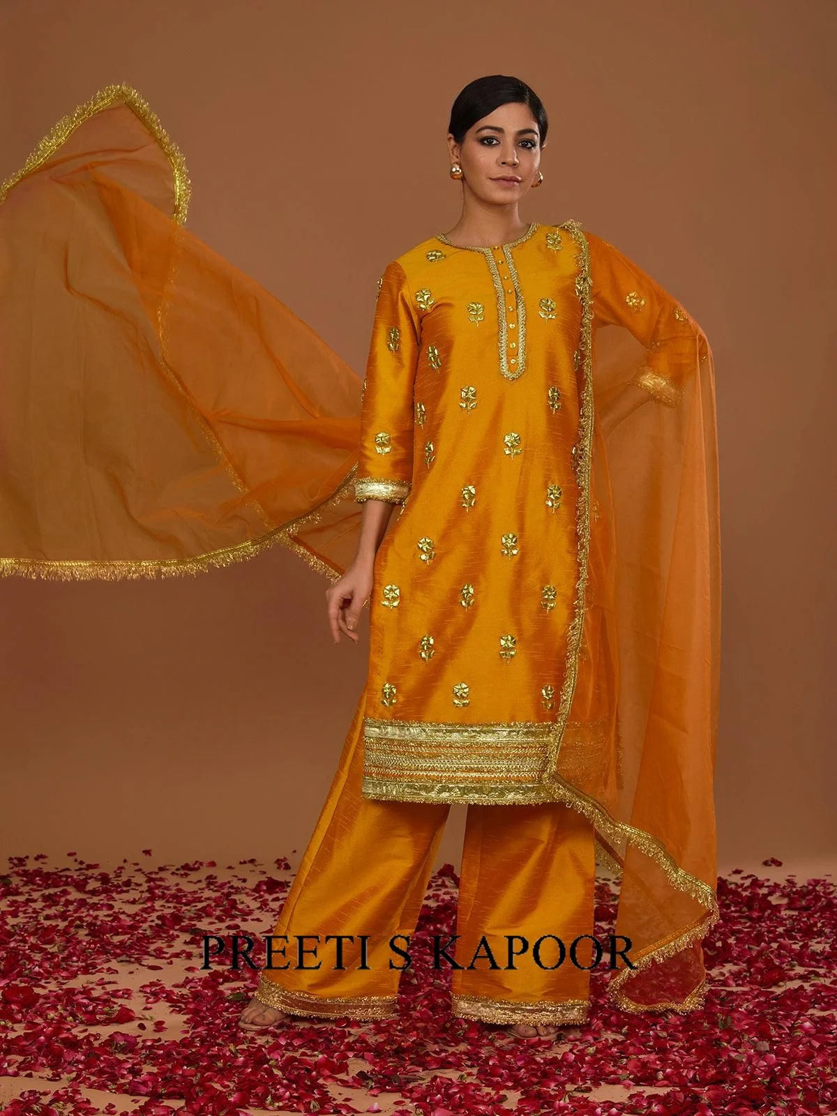 PEACHY ORANGE LONG KURTA WITH STRAIGHT PANT AND DUPATTA - PREETI S KAPOOR
