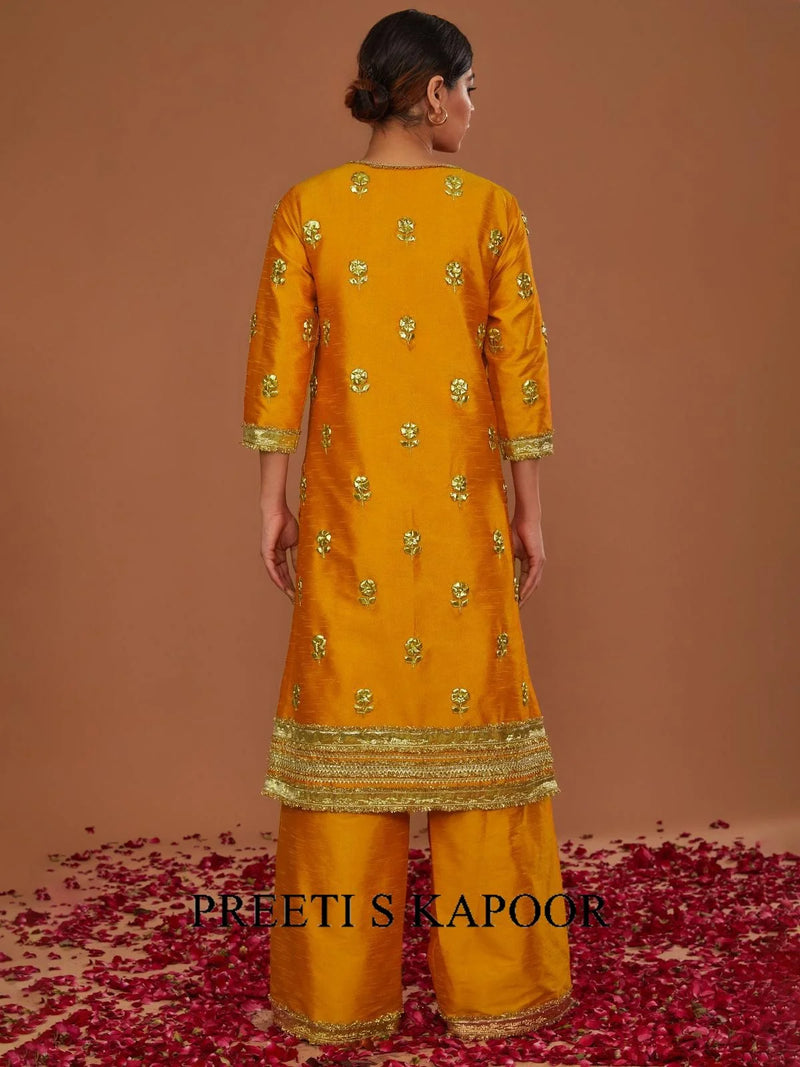 PEACHY ORANGE LONG KURTA WITH STRAIGHT PANT AND DUPATTA - PREETI S KAPOOR