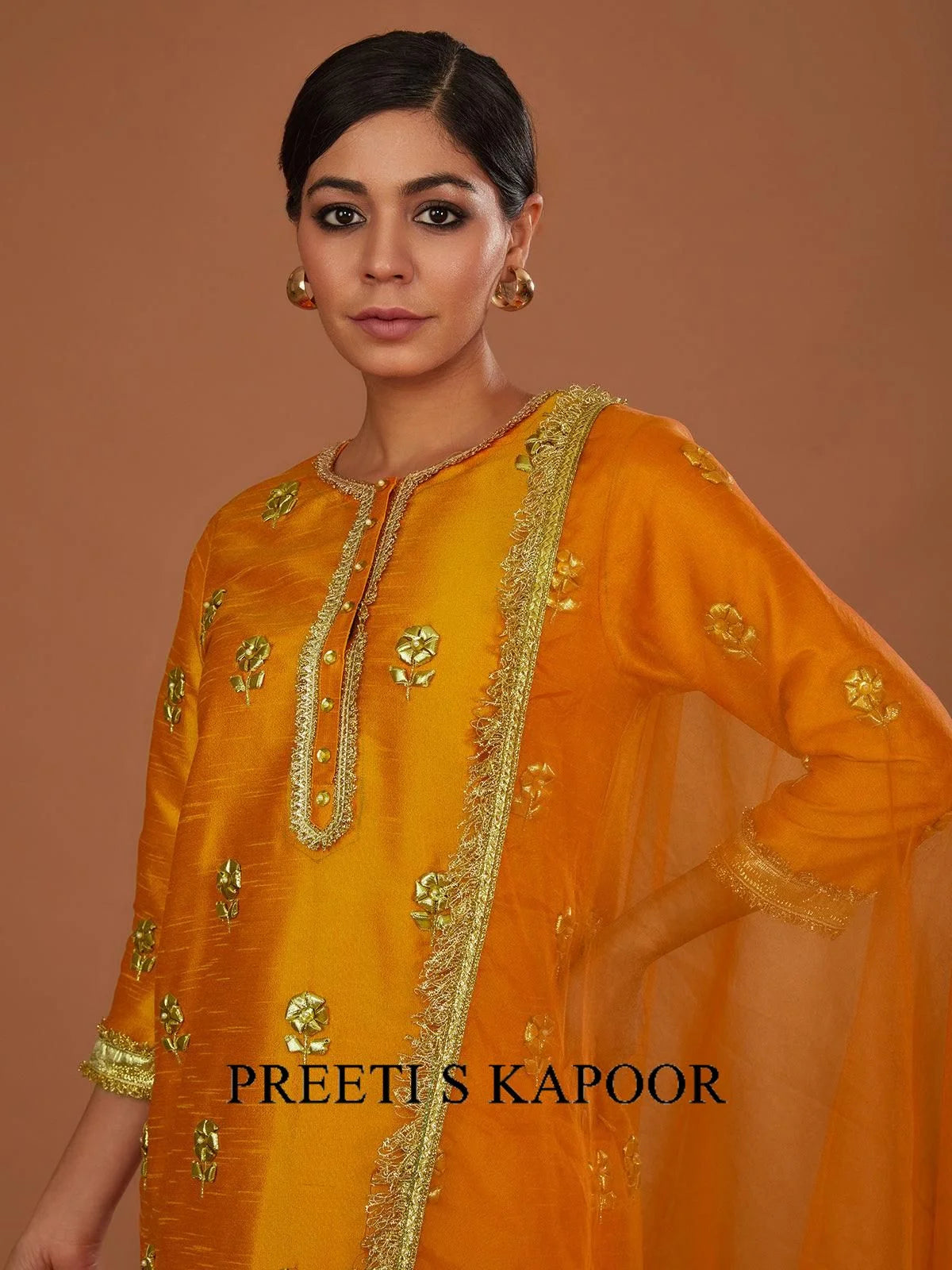 PEACHY ORANGE LONG KURTA WITH STRAIGHT PANT AND DUPATTA - PREETI S KAPOOR