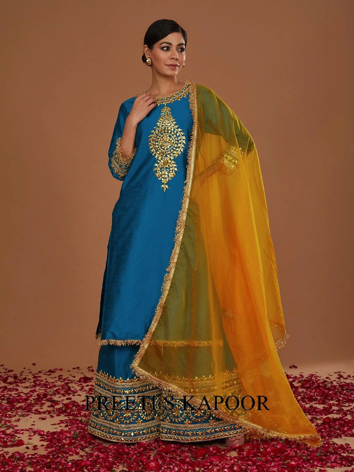 TURQ LONG KURTA WITH FLARED PANT AND ORANGE YELLOW DUPATTA - PREETI S KAPOOR
