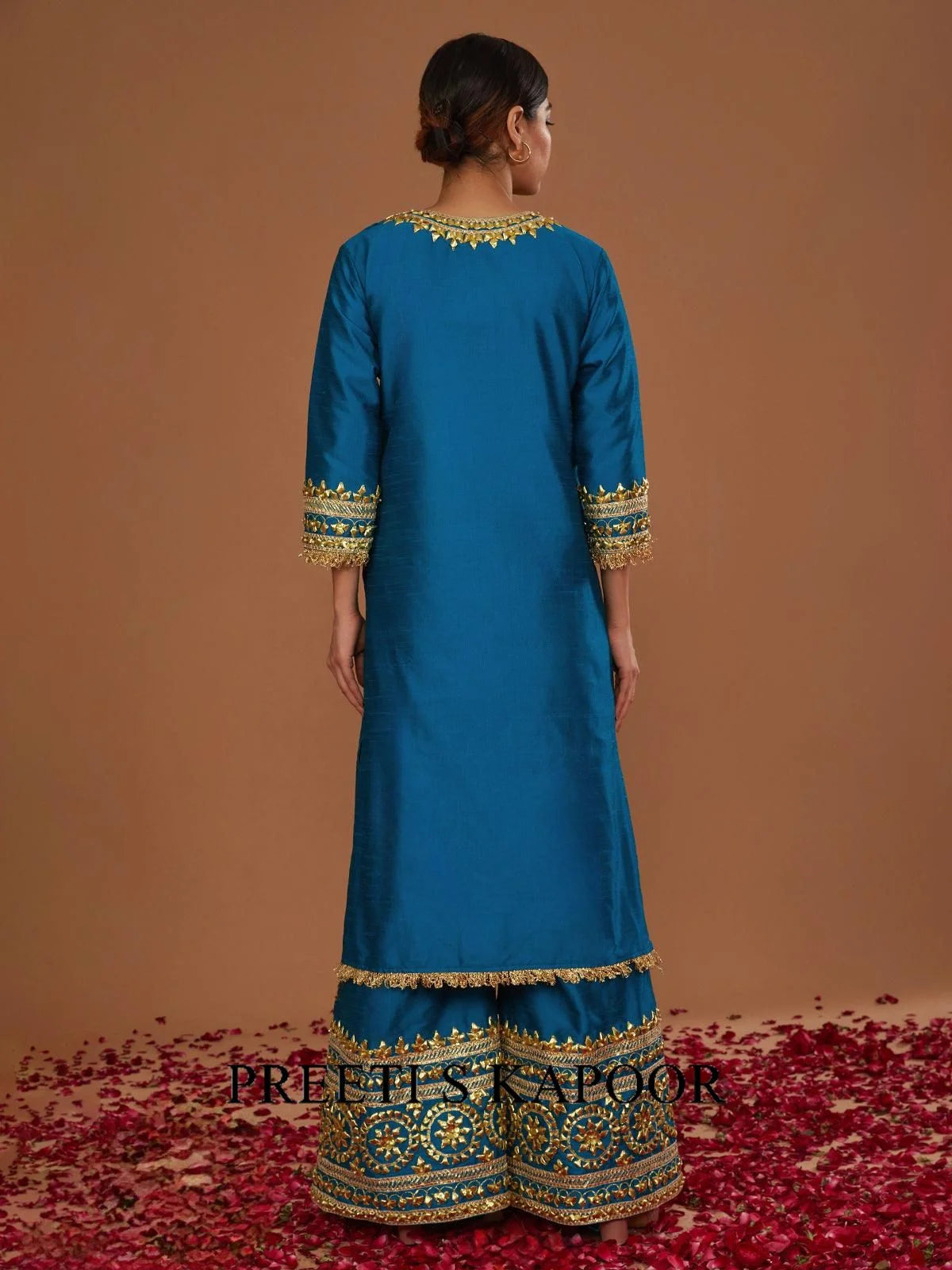 TURQ LONG KURTA WITH FLARED PANT AND ORANGE YELLOW DUPATTA - PREETI S KAPOOR