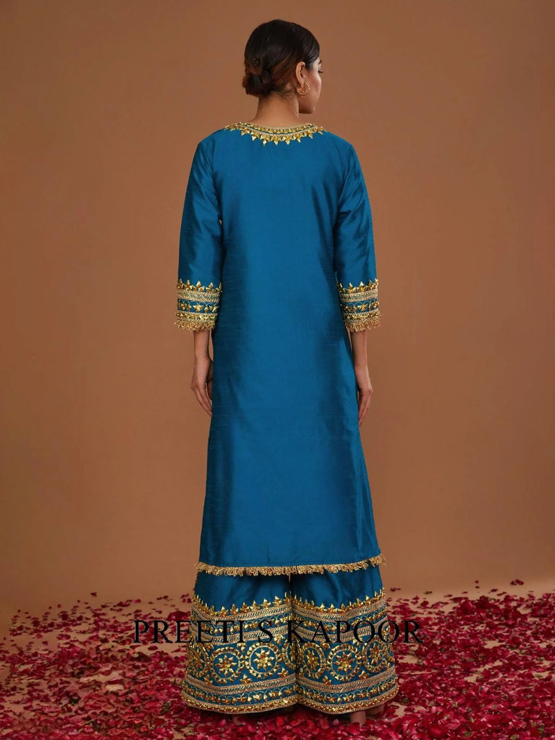 TURQ LONG KURTA WITH FLARED PANT AND ORANGE YELLOW DUPATTA - PREETI S KAPOOR