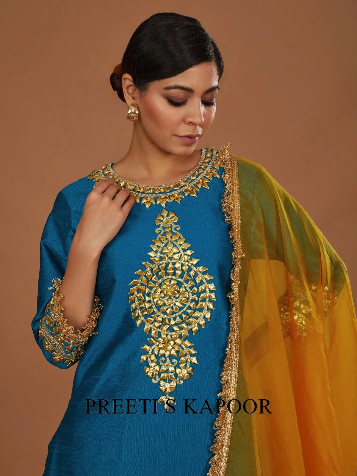 TURQ LONG KURTA WITH FLARED PANT AND ORANGE YELLOW DUPATTA - PREETI S KAPOOR