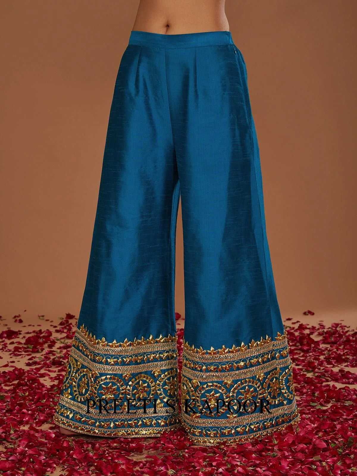 TURQ LONG KURTA WITH FLARED PANT AND ORANGE YELLOW DUPATTA - PREETI S KAPOOR