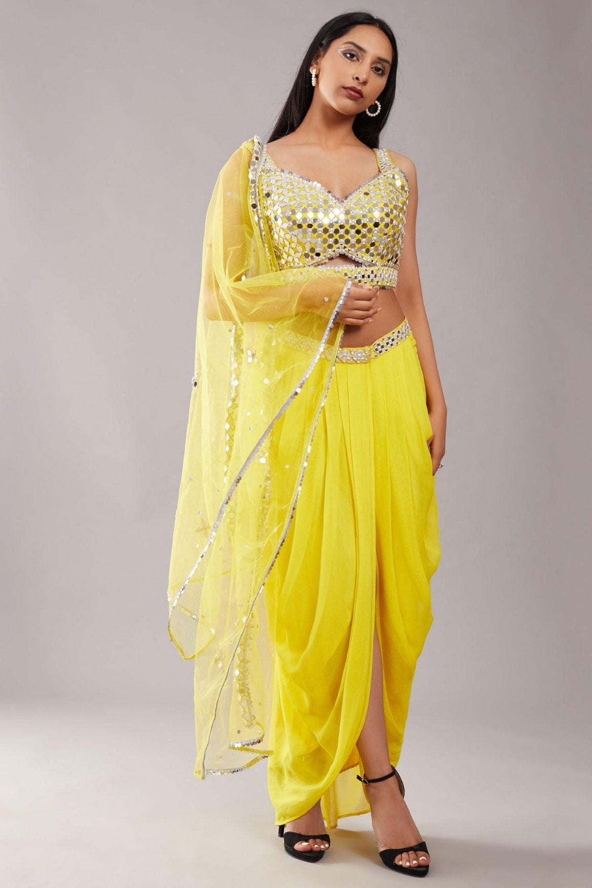 Yellow Mirror Blouse Cape Set - Preeti s kapoor