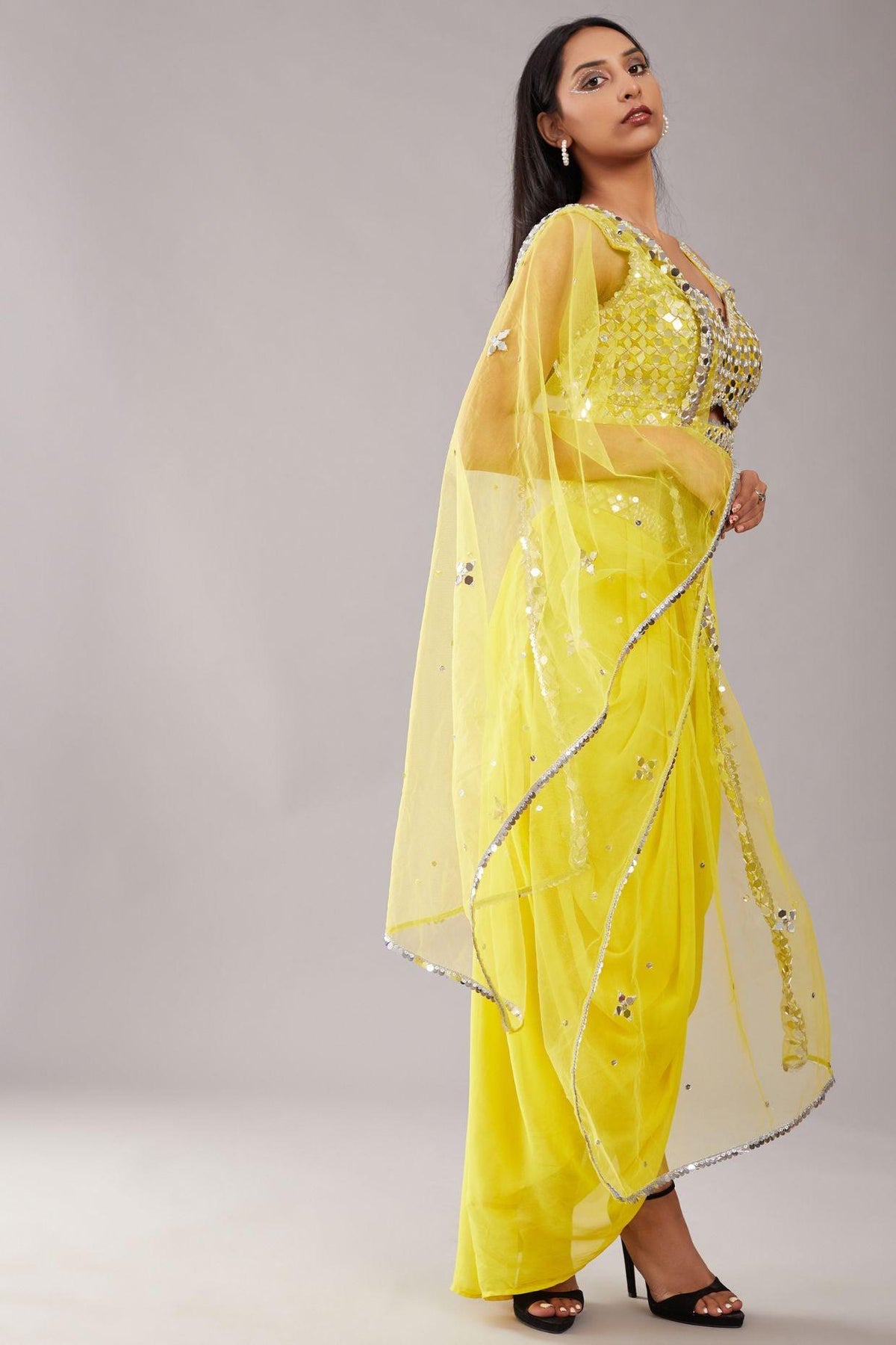 Yellow Mirror Blouse Cape Set - Preeti s kapoor