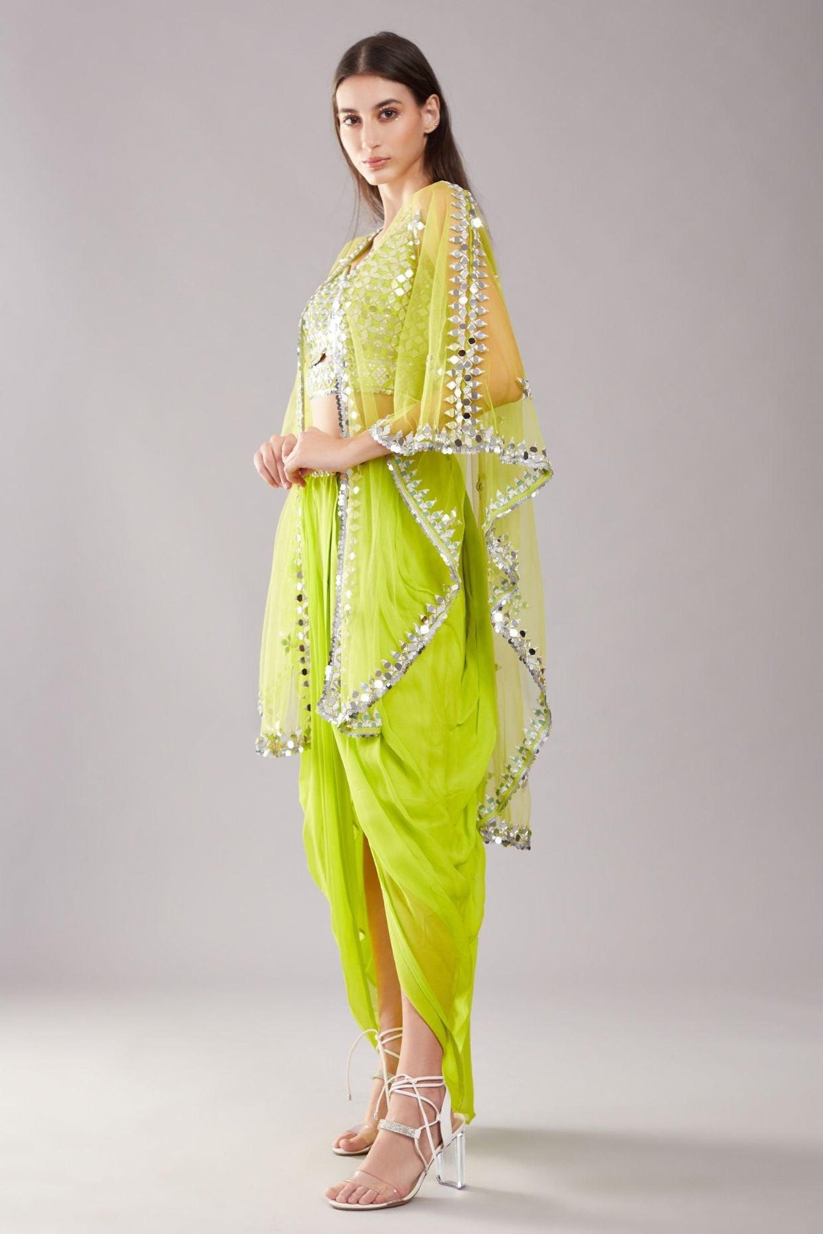 Lime Green Mirror Cape Set - Preeti s kapoor