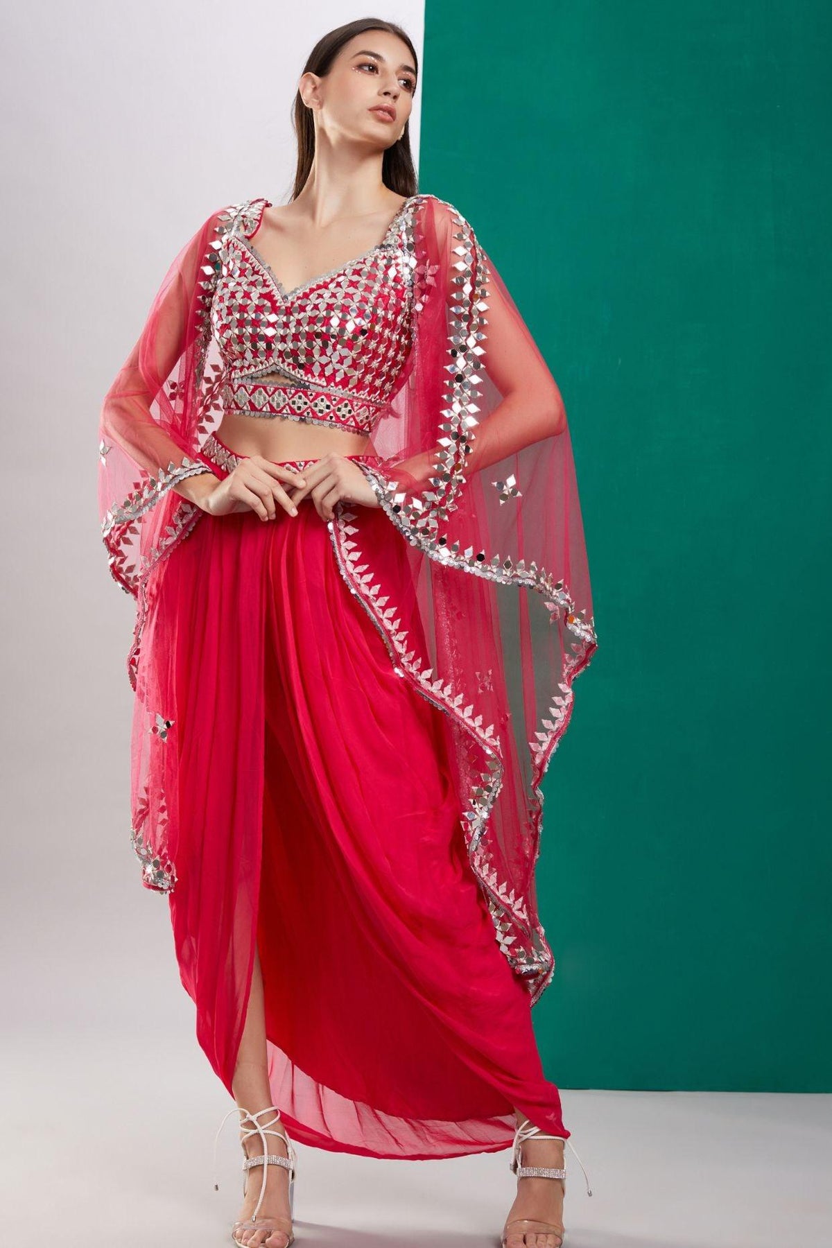 Fuschia Pink Mirror Cape Set - Preeti s kapoor