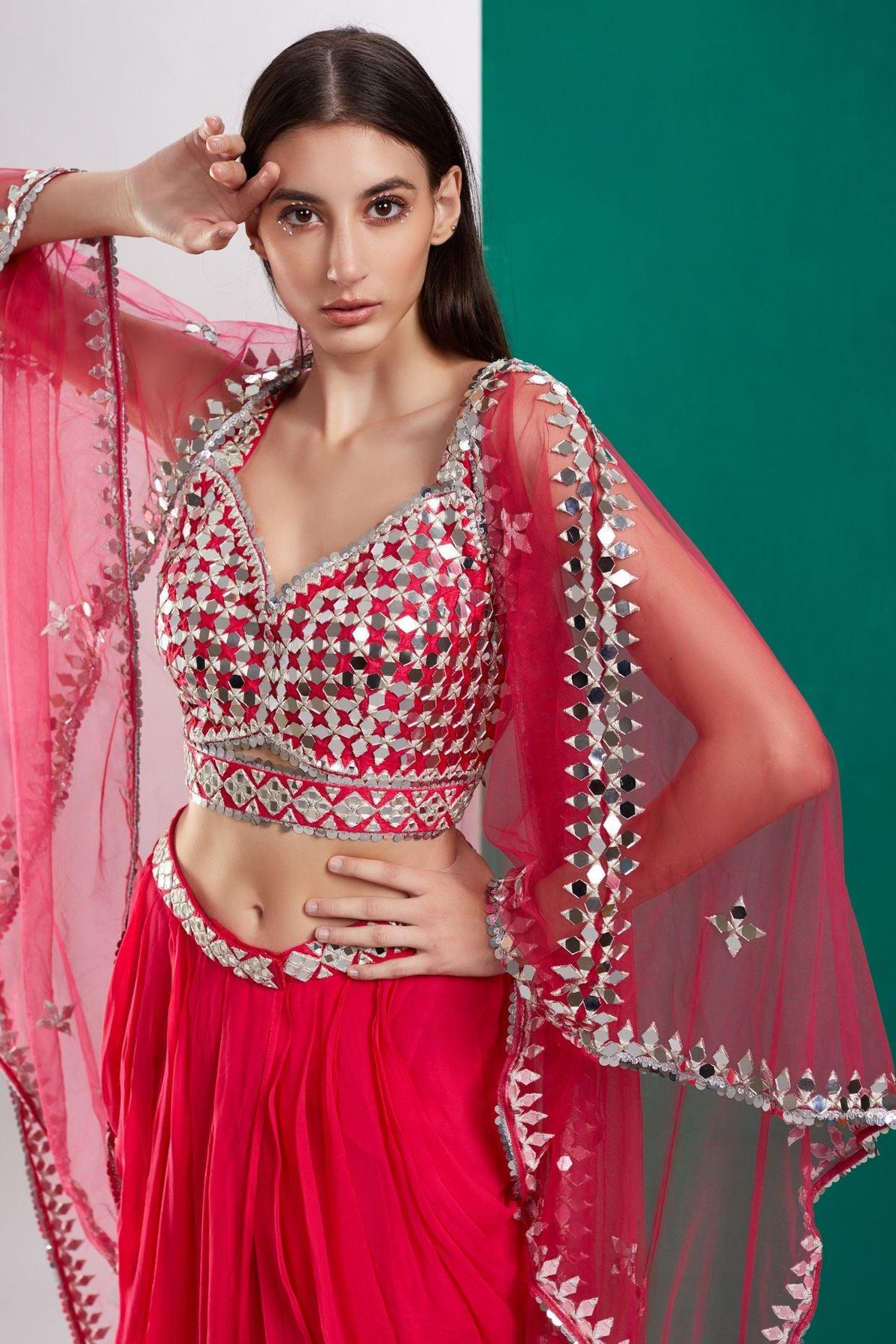 Fuschia Pink Mirror Cape Set - Preeti s kapoor
