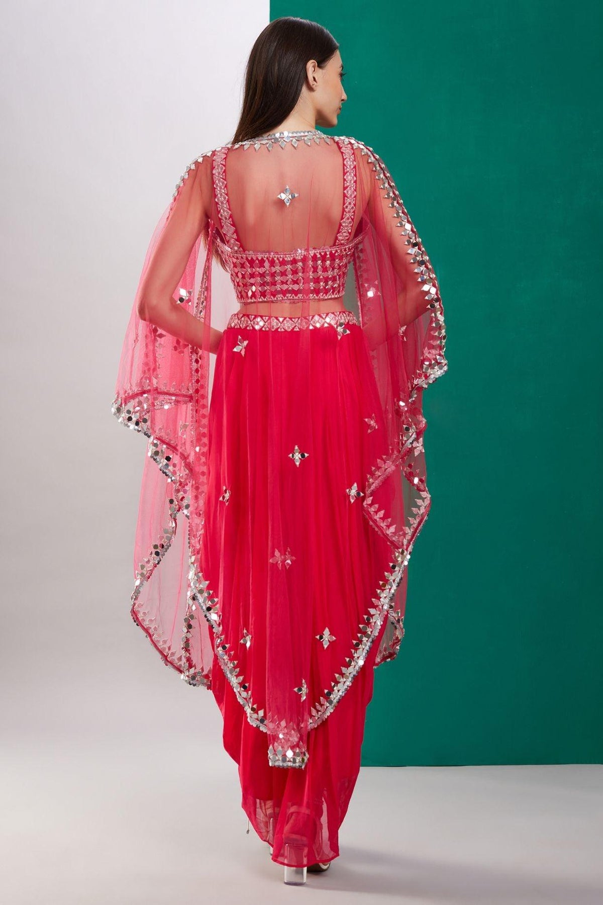Fuschia Pink Mirror Cape Set - Preeti s kapoor