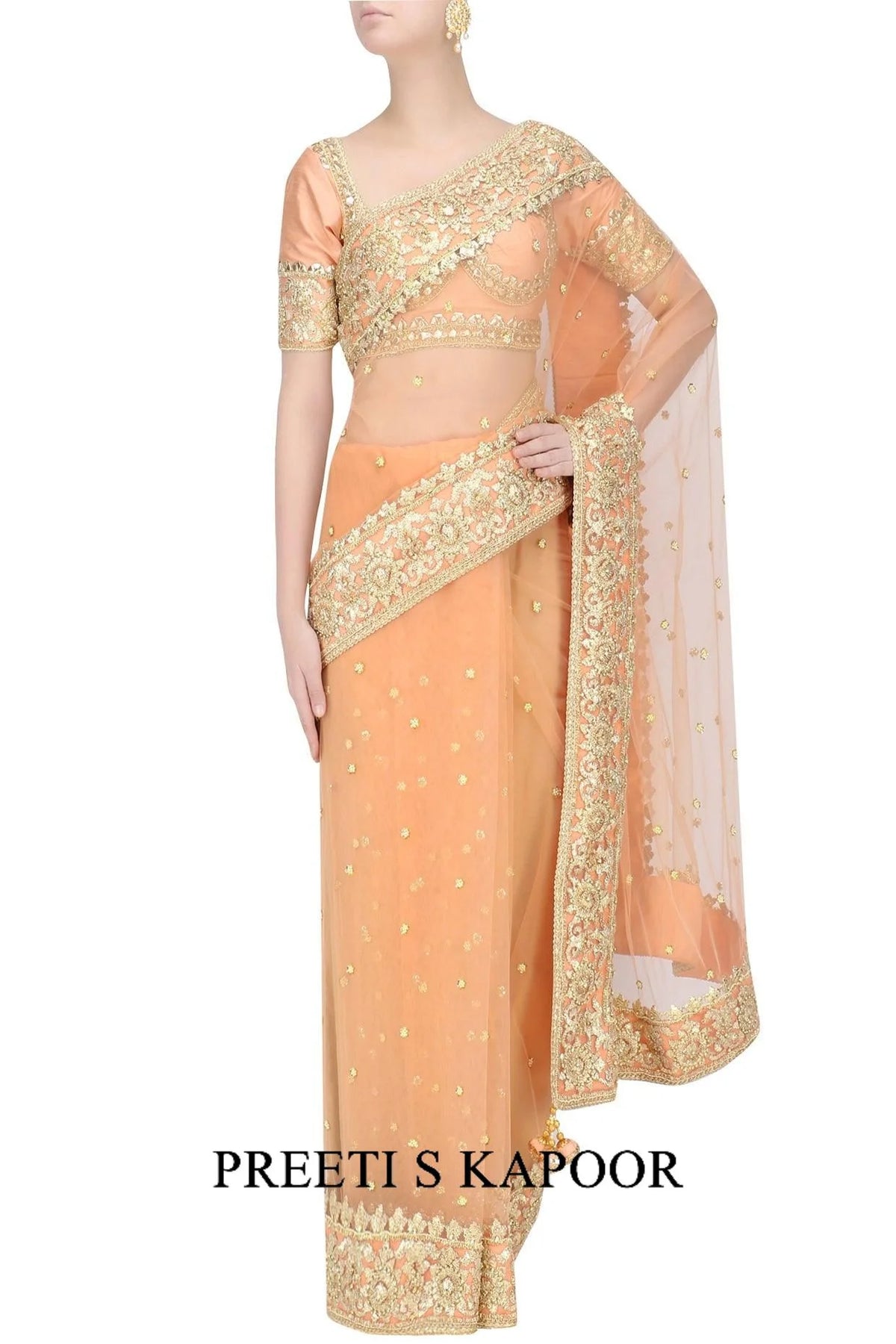 Peach Gota Patti Embellished Saree