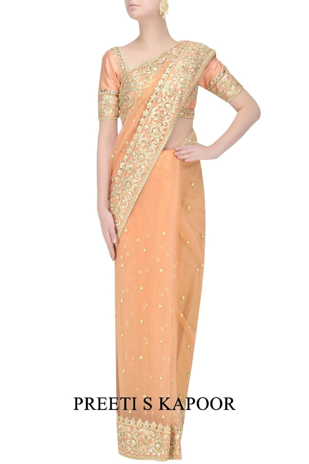Peach Gota Patti Embellished Saree - Preeti s kapoor