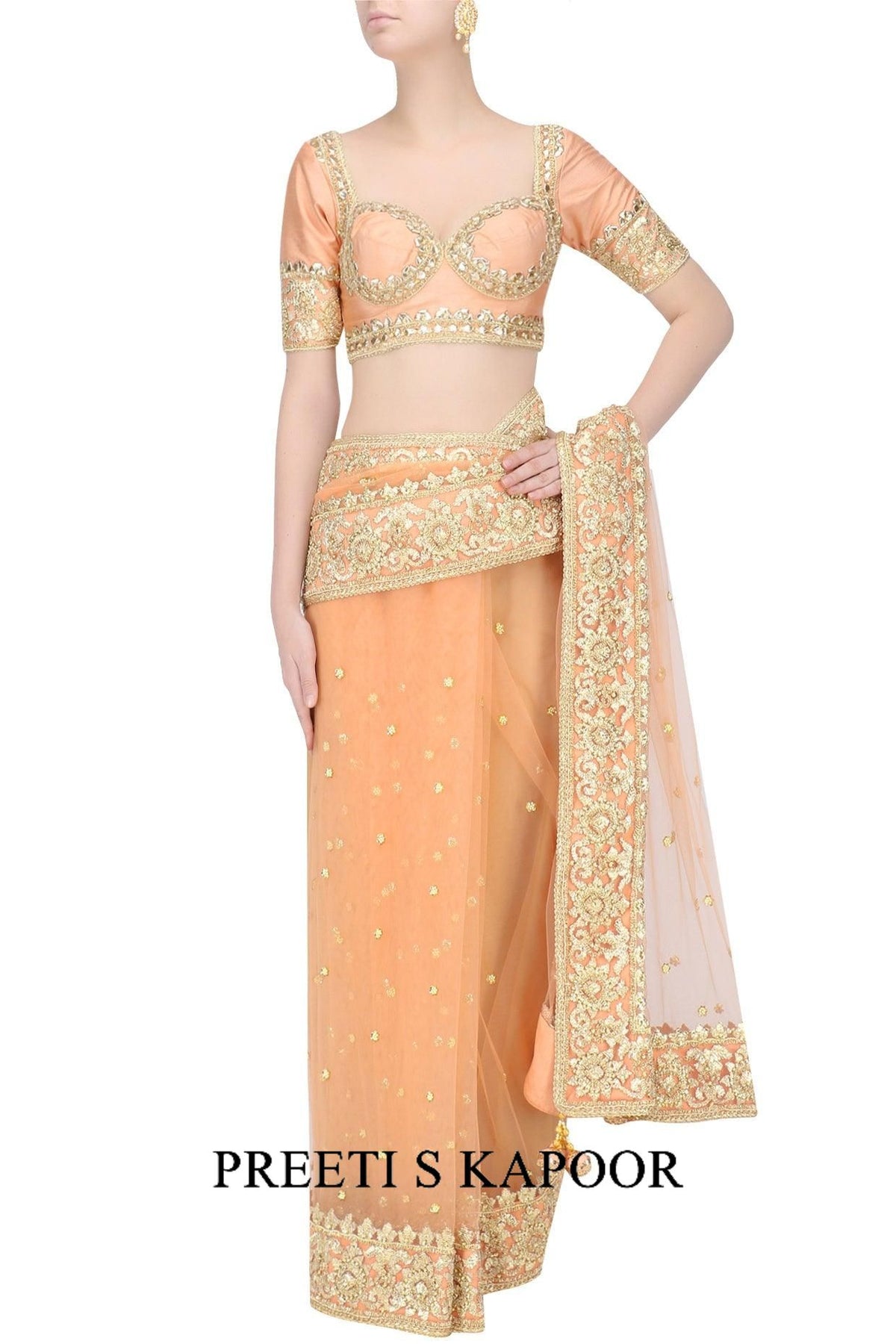 Peach Gota Patti Embellished Saree - Preeti s kapoor