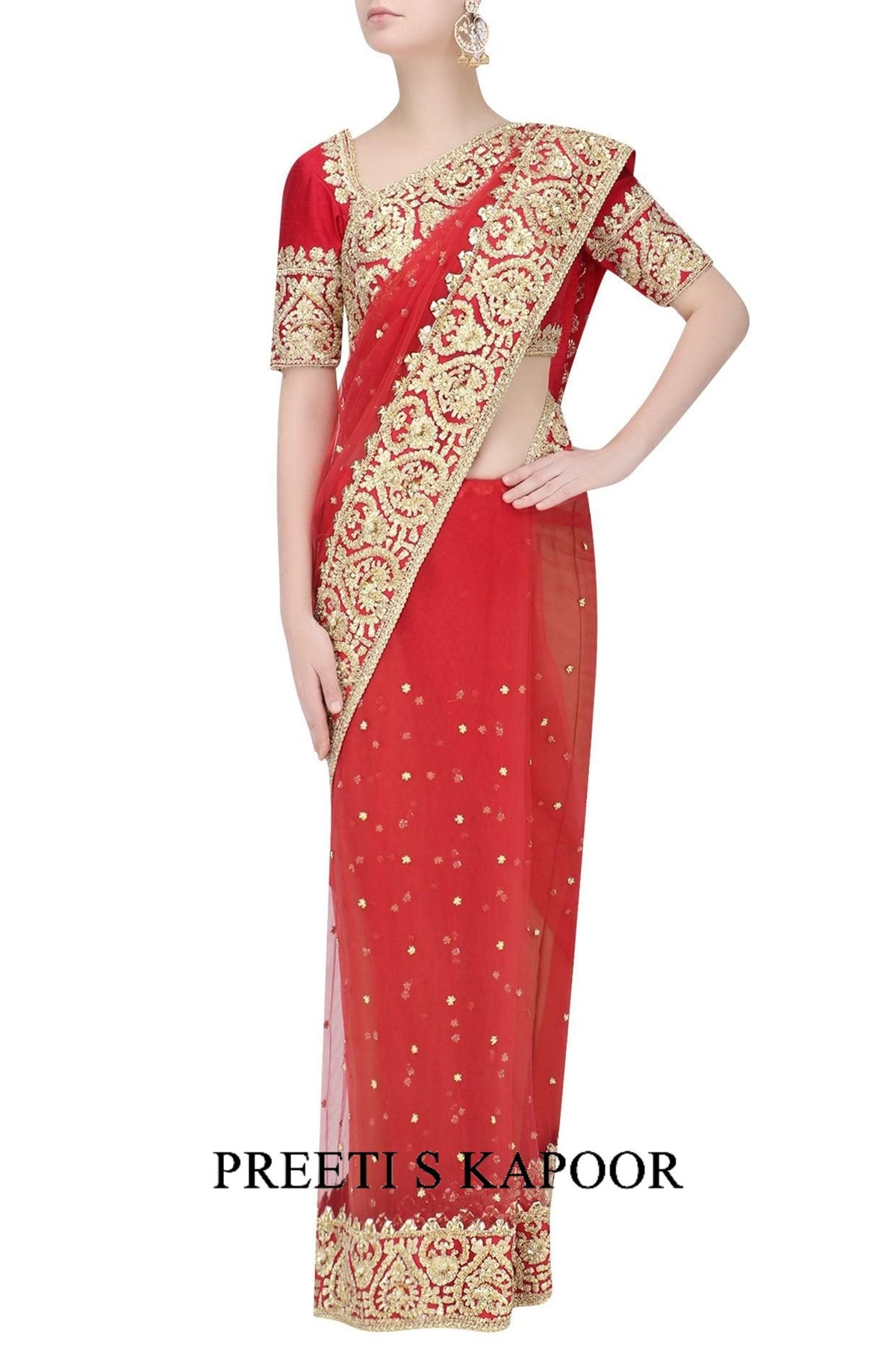 Red Gota Patti Embellished Saree - Preeti s kapoor