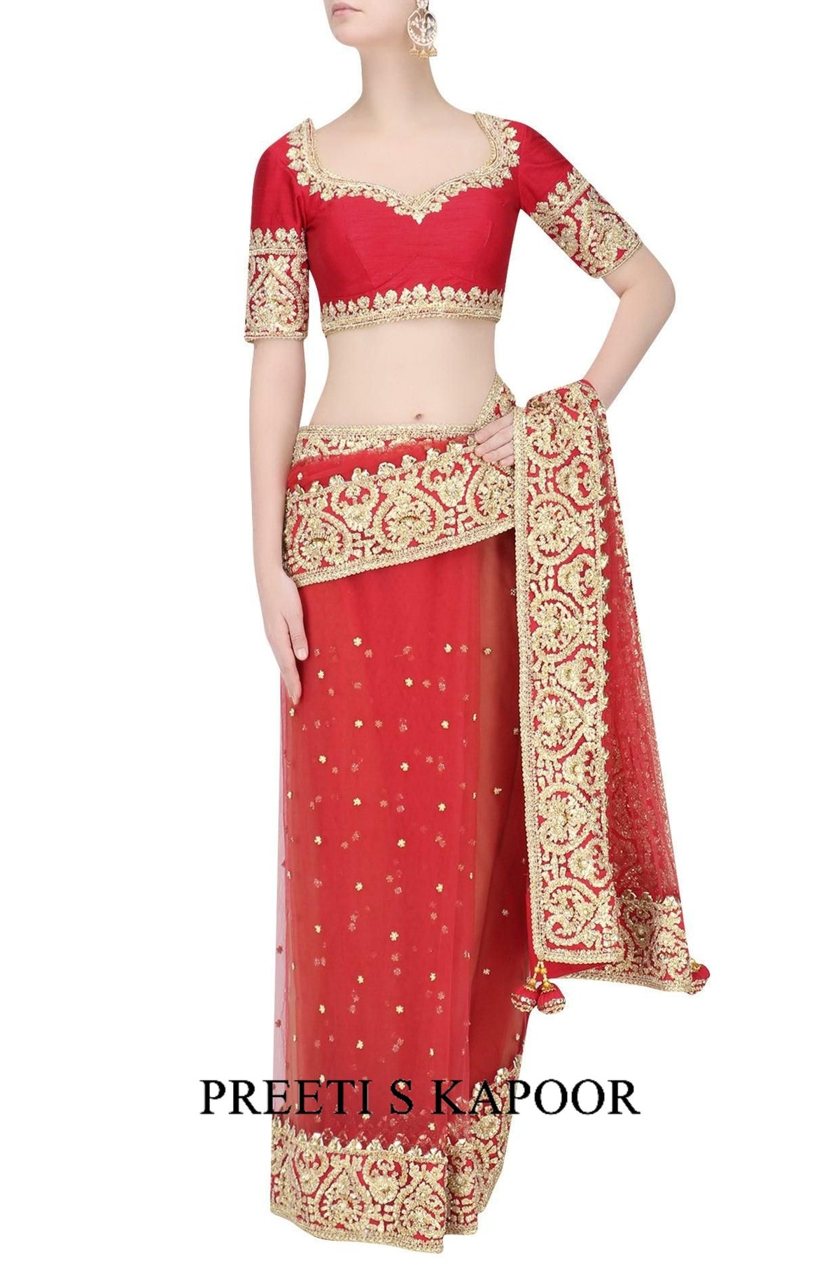 Red Gota Patti Embellished Saree - Preeti s kapoor