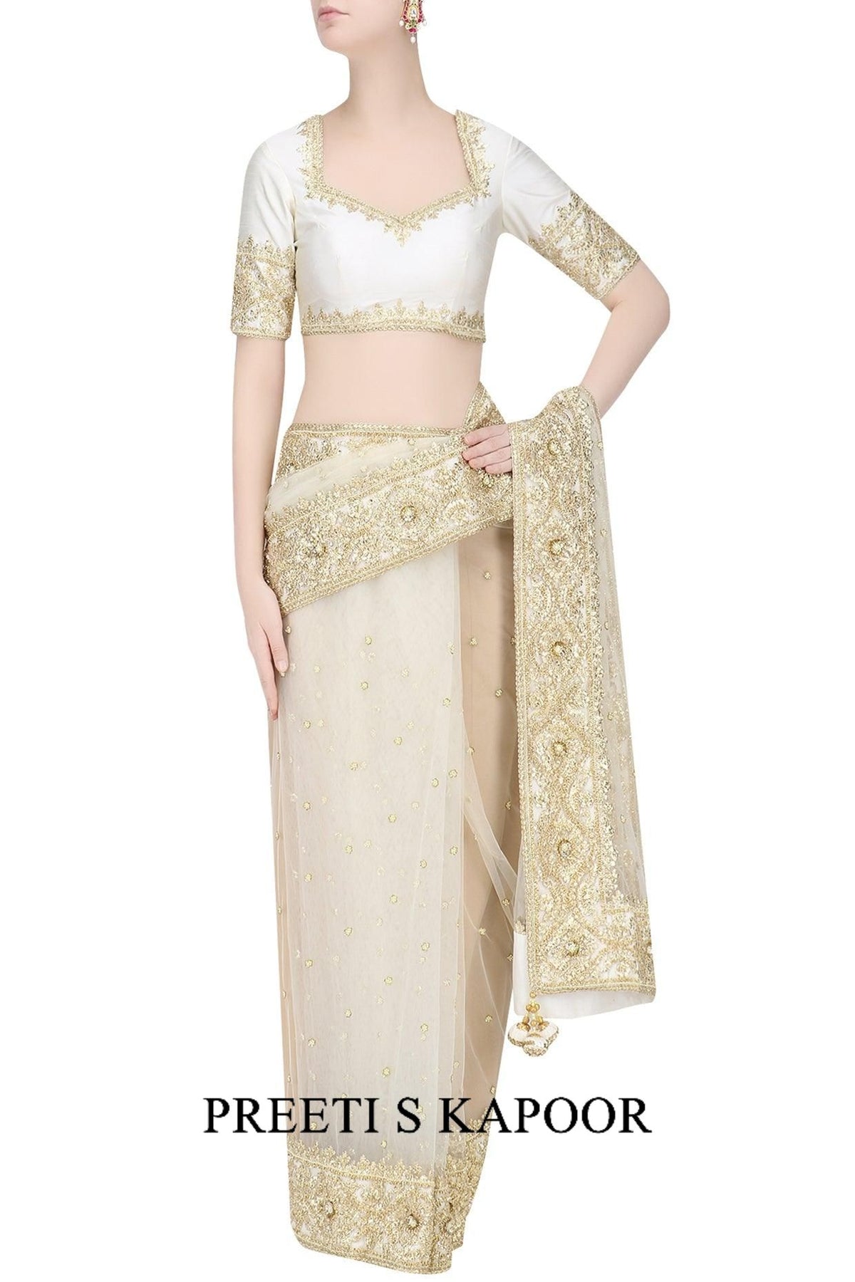Off White Gota Patti Embellished Saree - Preeti s kapoor