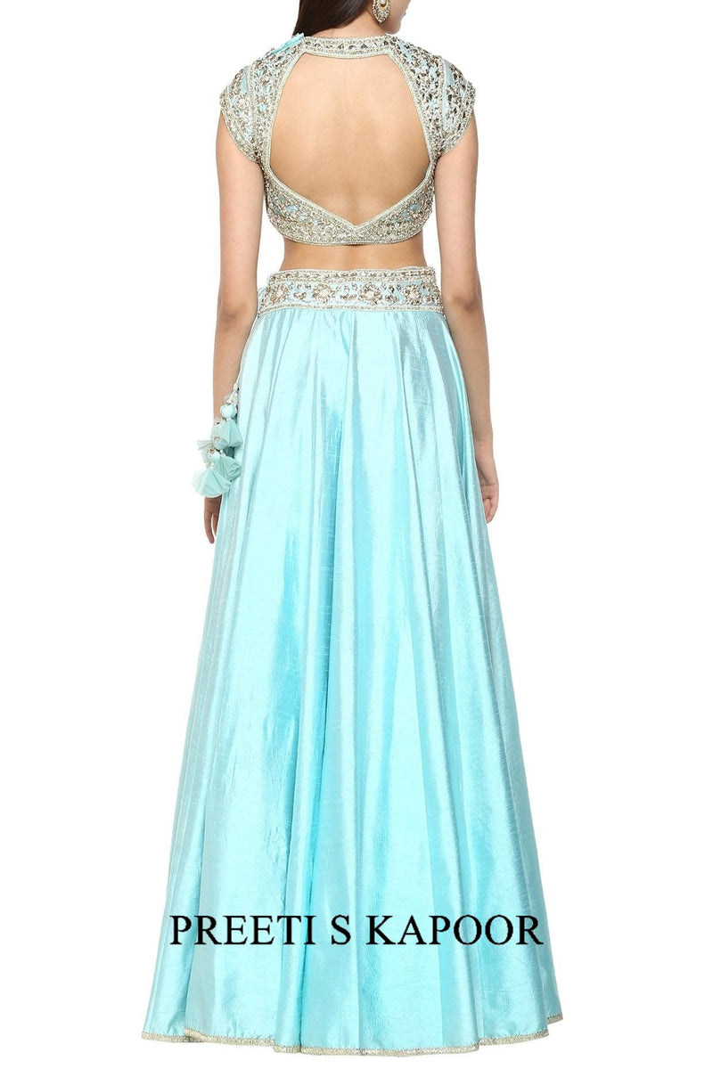 Sky Blue Handcrafted Embroidered Lehenga Set - Preeti s kapoor