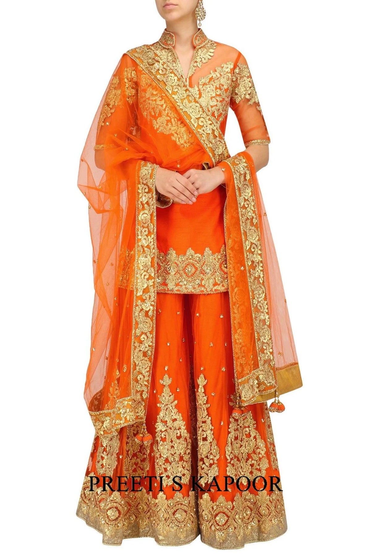 Orange And Gold Embroidered Sharara Set - Preeti S Kapoor