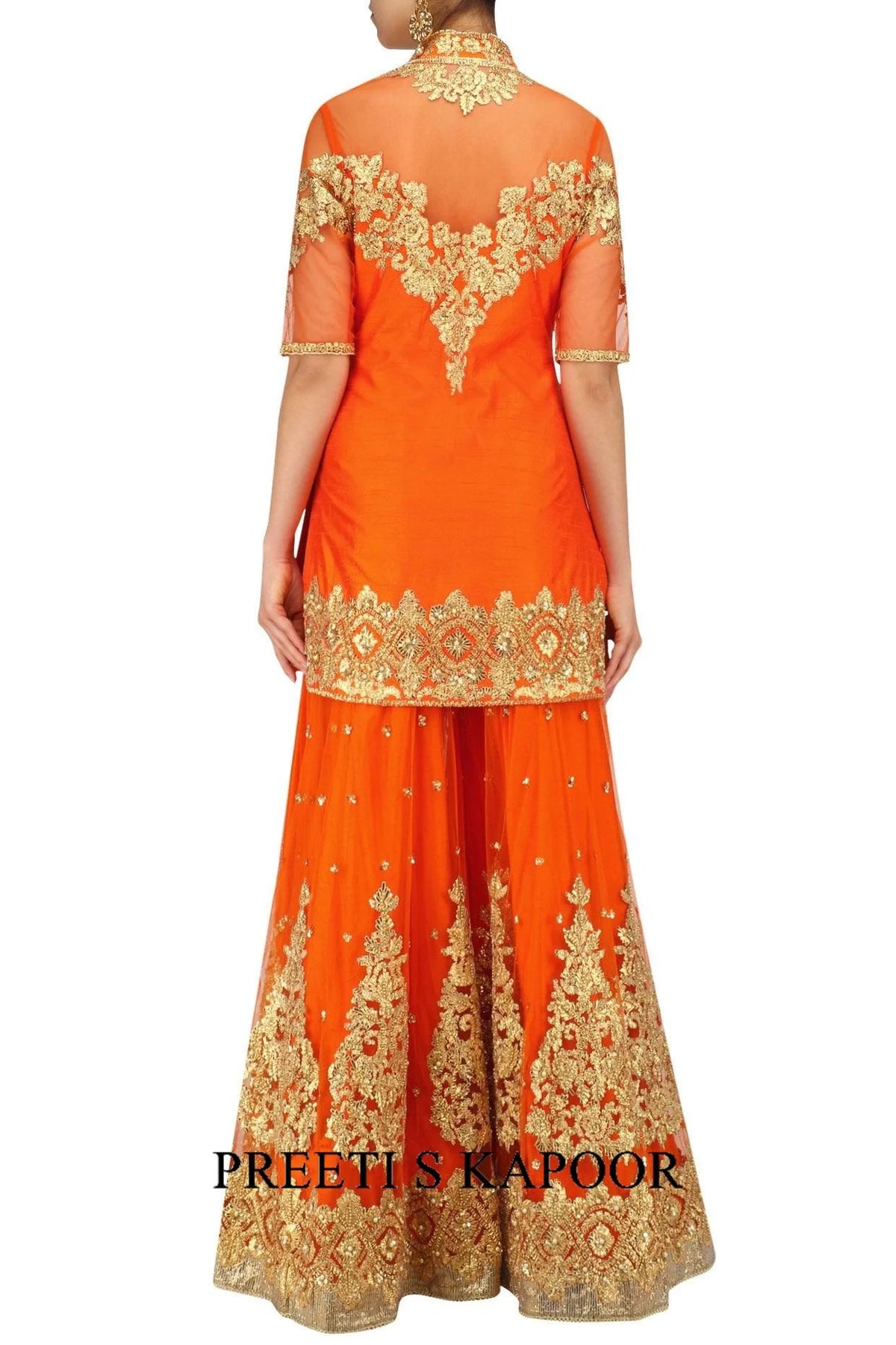 Orange And Gold Embroidered Sharara Set - Preeti S Kapoor