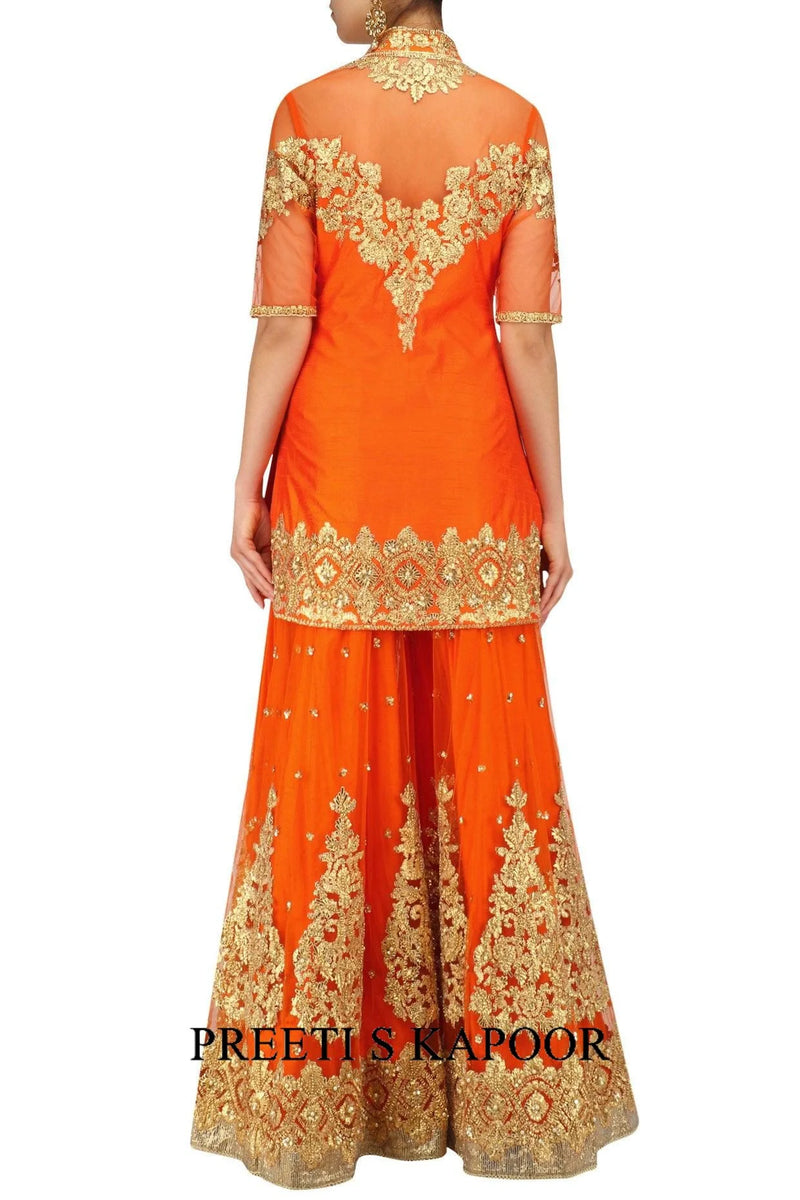 Orange And Gold Embroidered Sharara Set - Preeti S Kapoor
