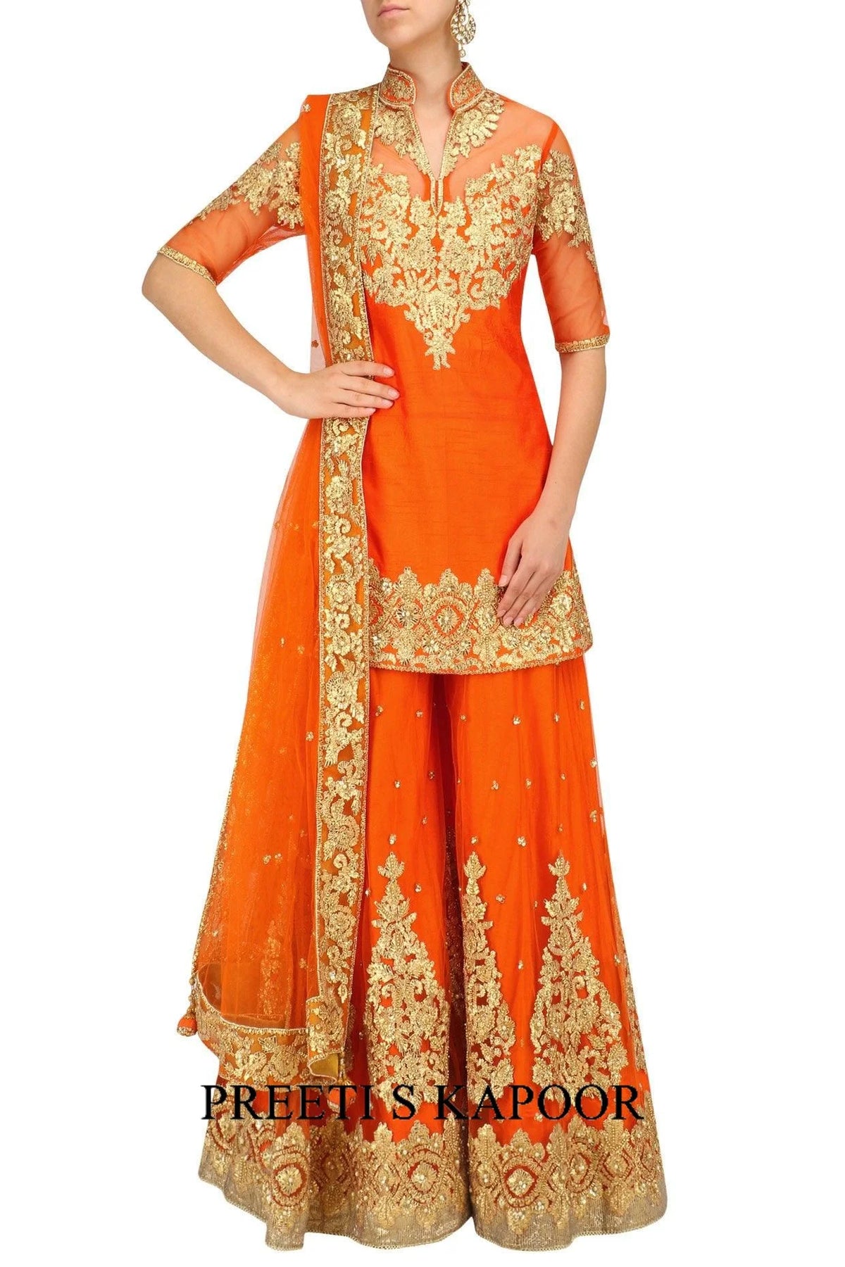 Orange And Gold Embroidered Sharara Set - Preeti S Kapoor