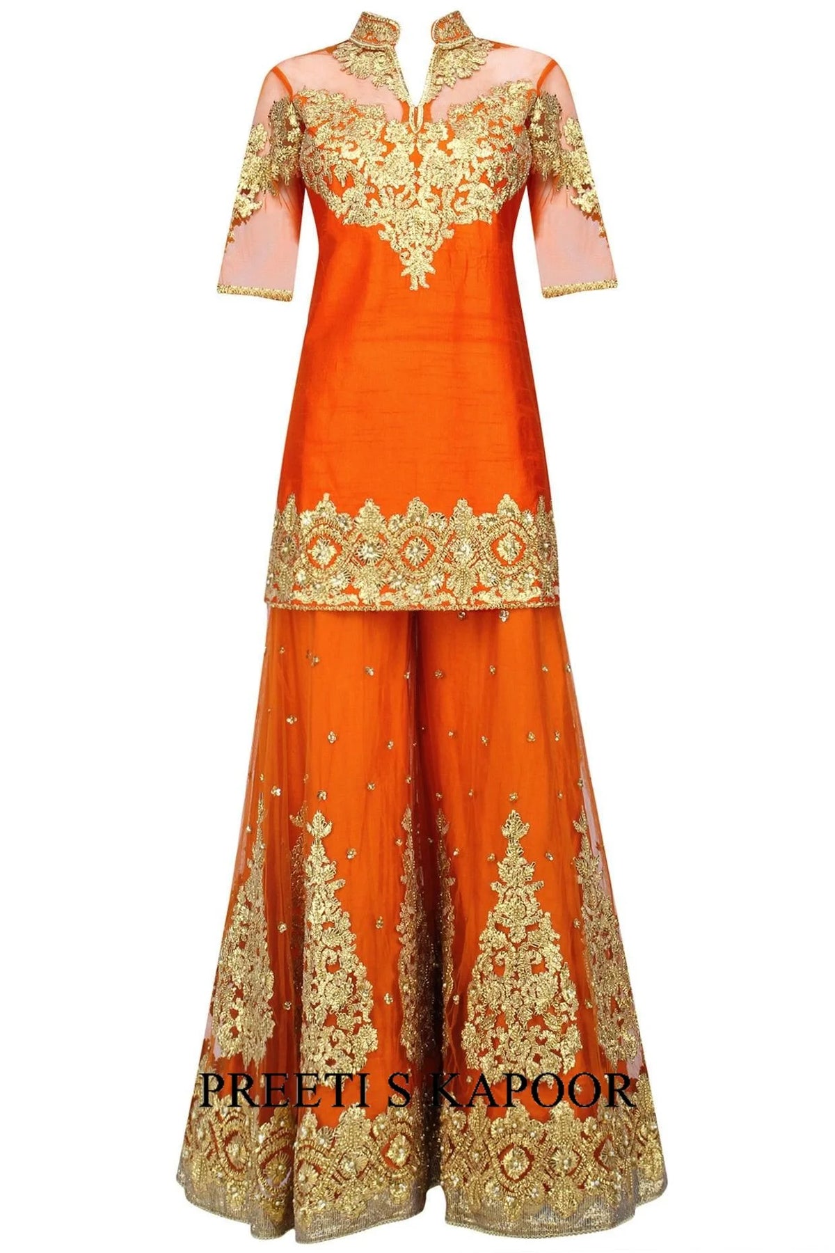 Orange And Gold Embroidered Sharara Set - Preeti S Kapoor