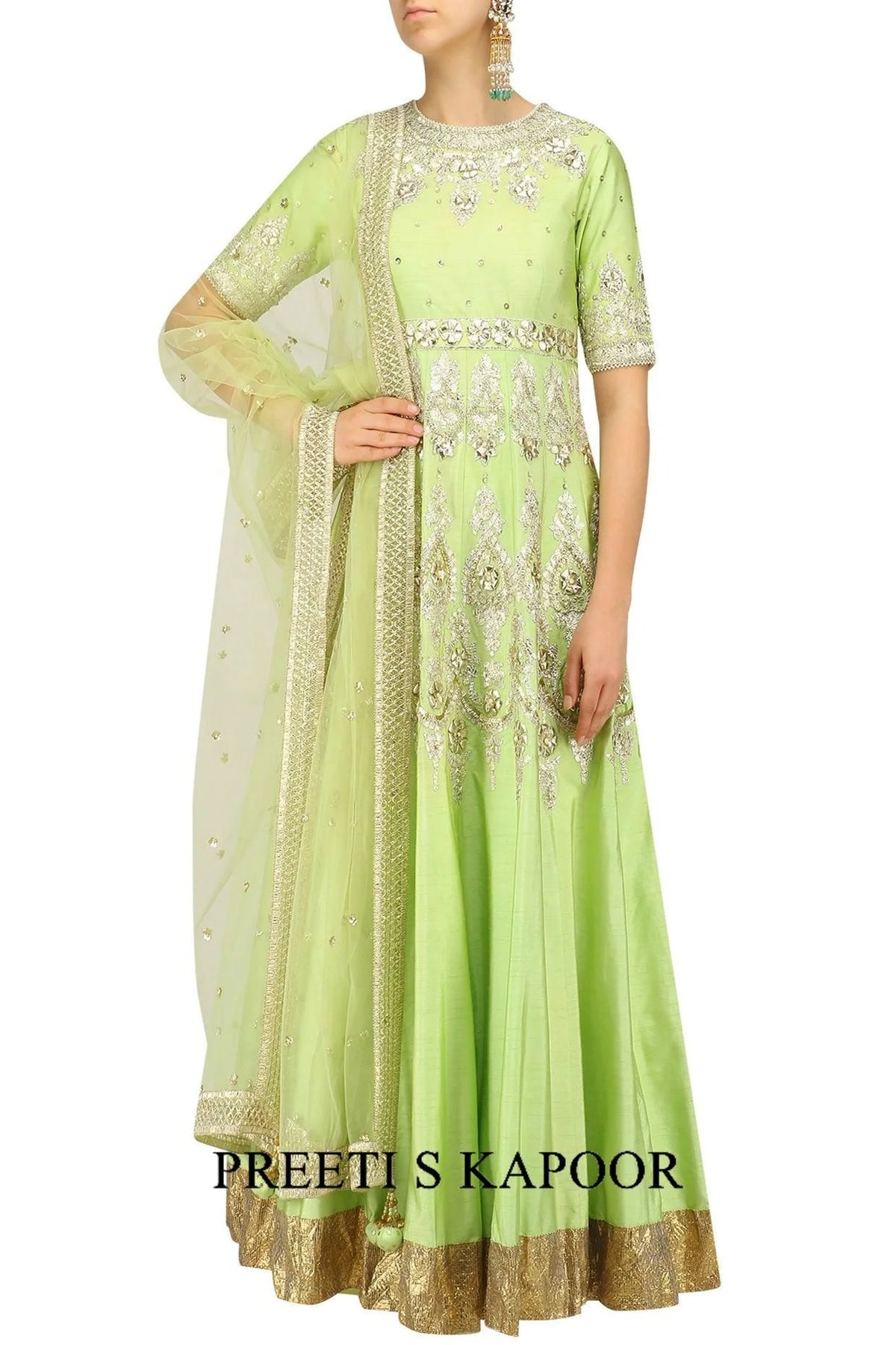 Green And Gold Embroidered Anarkali Set - Preeti S Kapoor