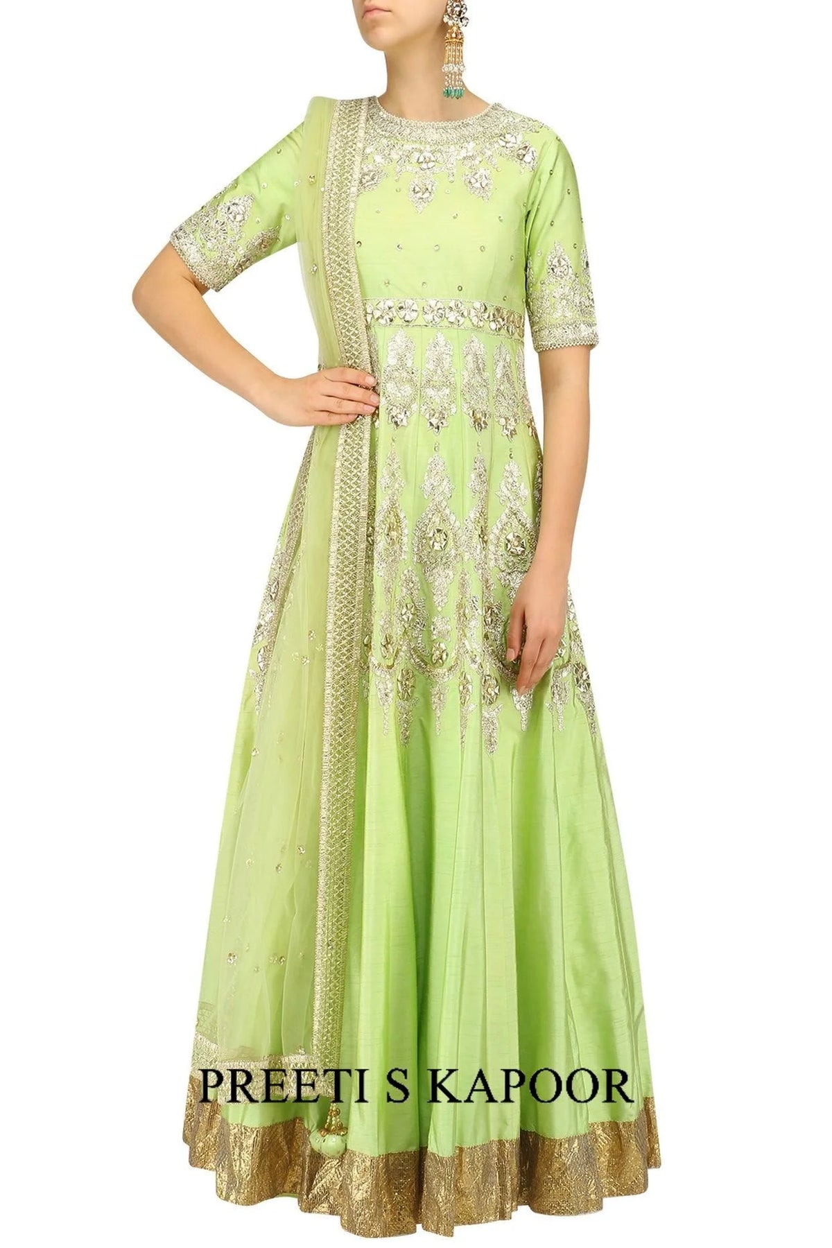 Green And Gold Embroidered Anarkali Set - Preeti S Kapoor