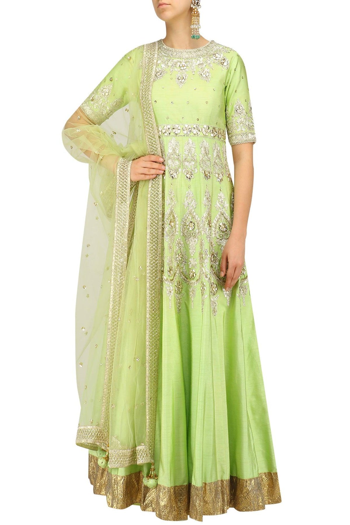 Green And Gold Embroidered Anarkali Set - Preeti s kapoor
