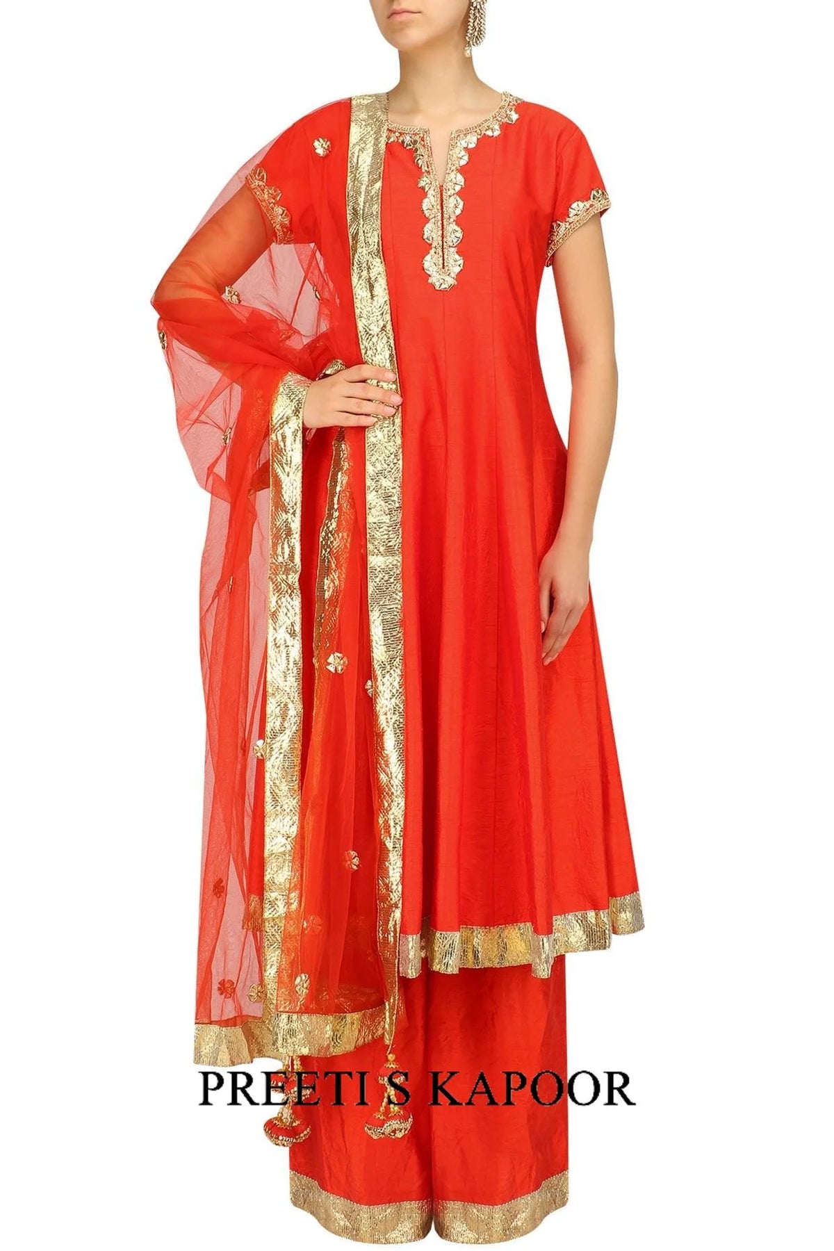 Orange And Gold Embroidered Anarkali Set - Preeti S Kapoor