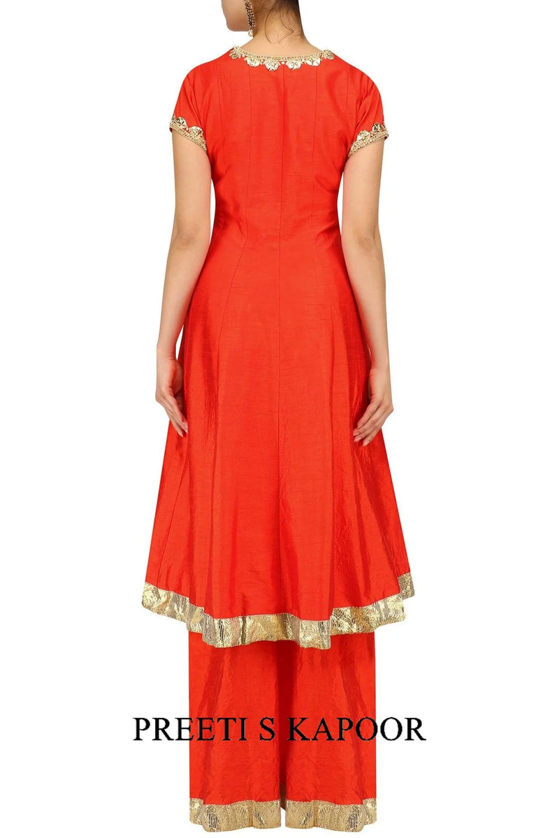 Orange And Gold Embroidered Anarkali Set - Preeti S Kapoor