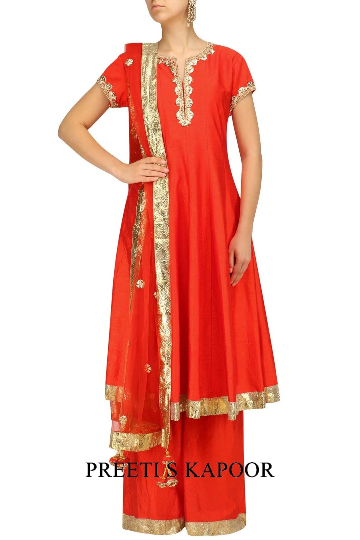 Orange And Gold Embroidered Anarkali Set - Preeti S Kapoor