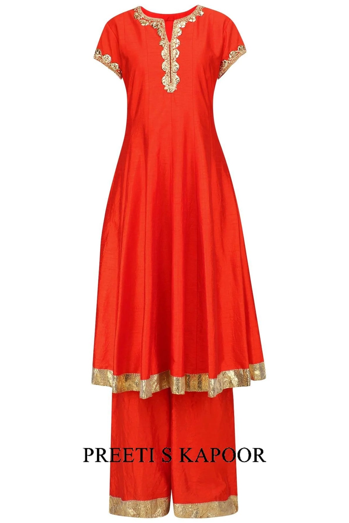 Orange And Gold Embroidered Anarkali Set - Preeti S Kapoor