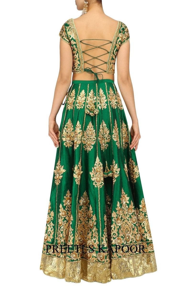 Green And Gold Embroidered Lehenga Set - Preeti s kapoor