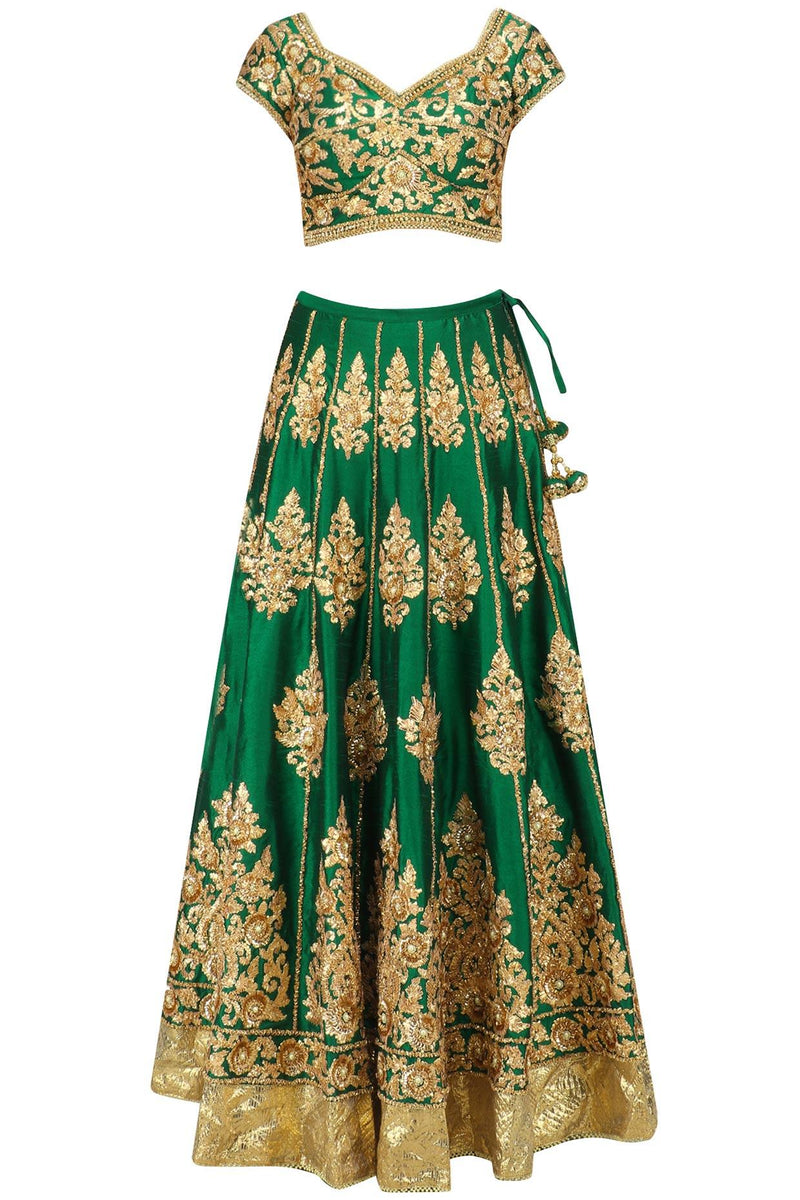 Green And Gold Embroidered Lehenga Set - Preeti s kapoor