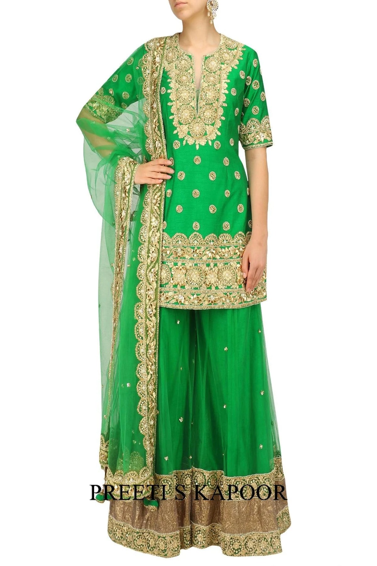 Green And Gold Embroidered Sharara Set - Preeti S Kapoor
