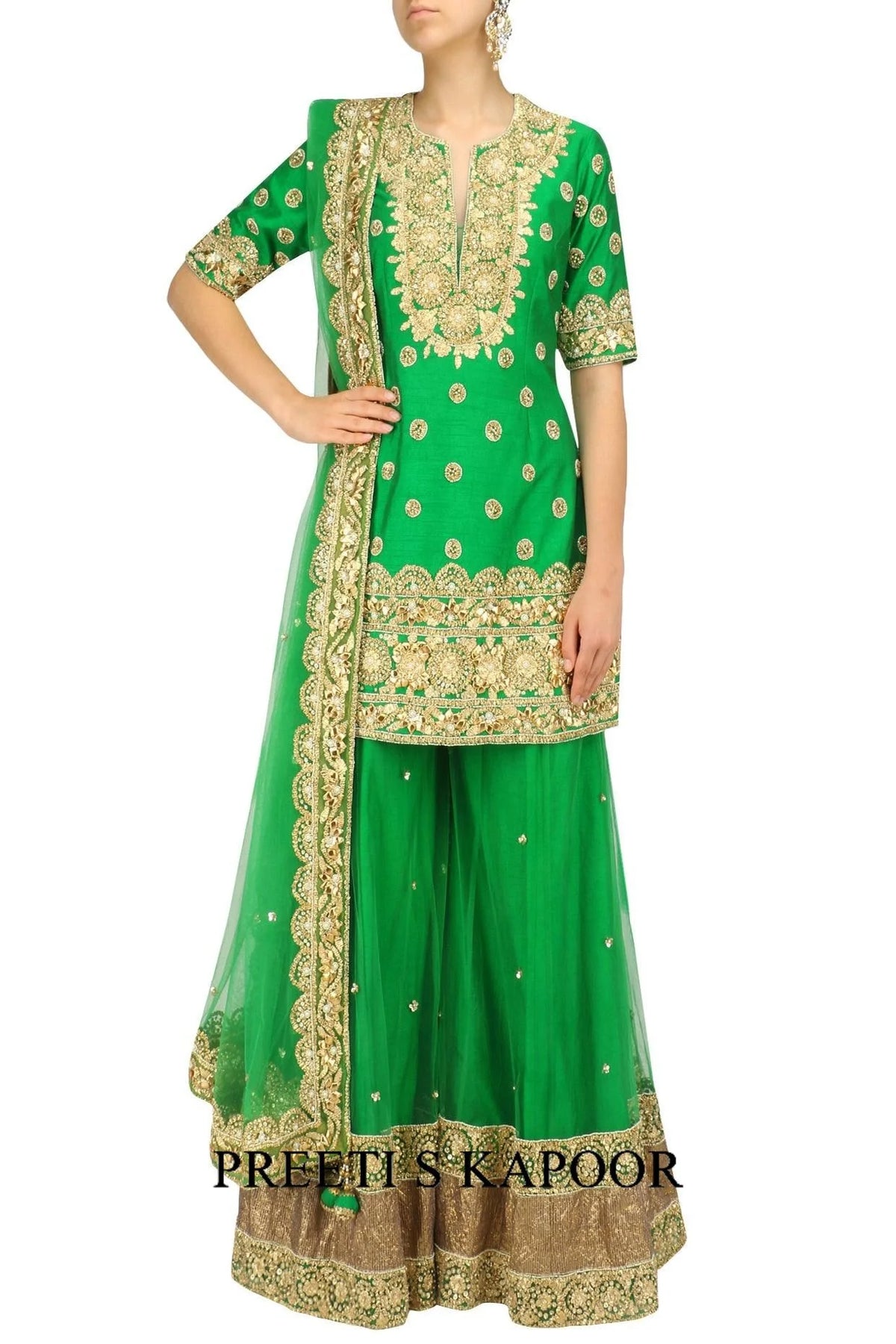 Green And Gold Embroidered Sharara Set - Preeti S Kapoor
