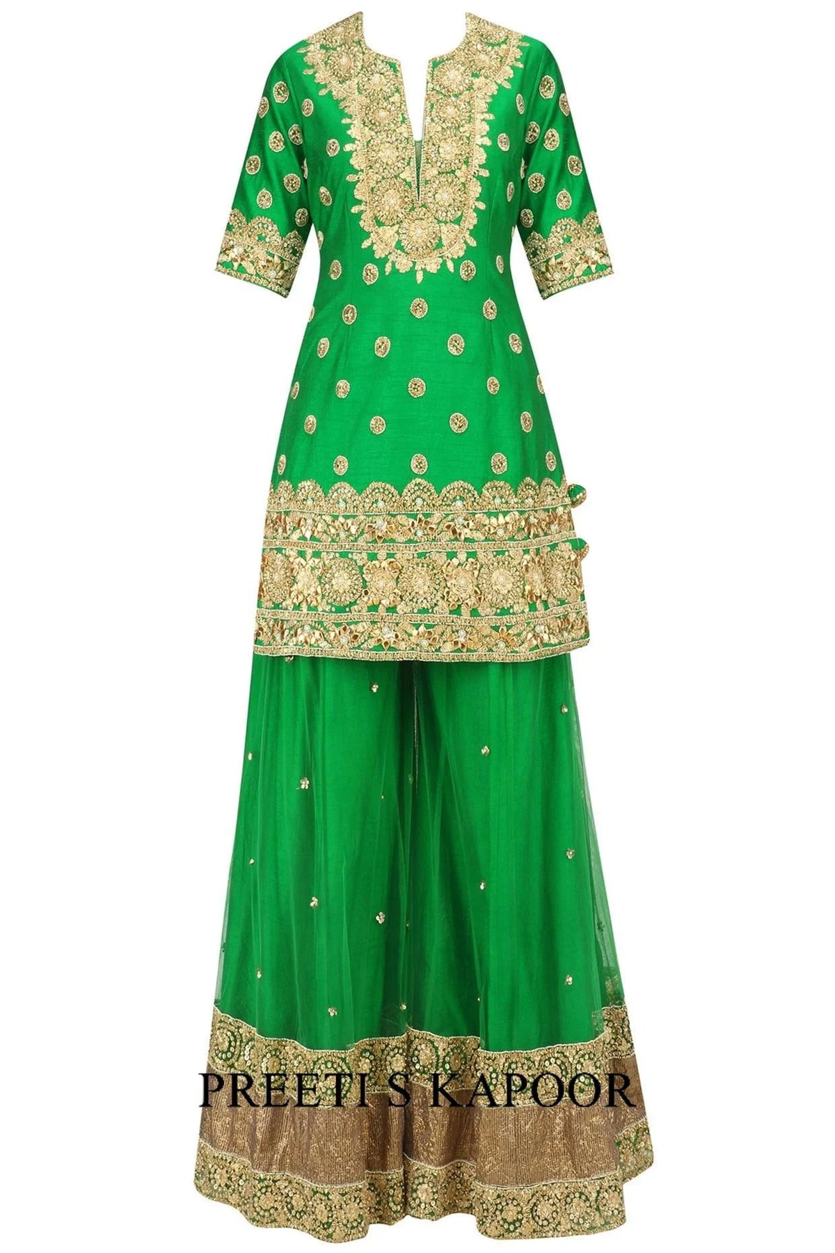 Green And Gold Embroidered Sharara Set - Preeti S Kapoor