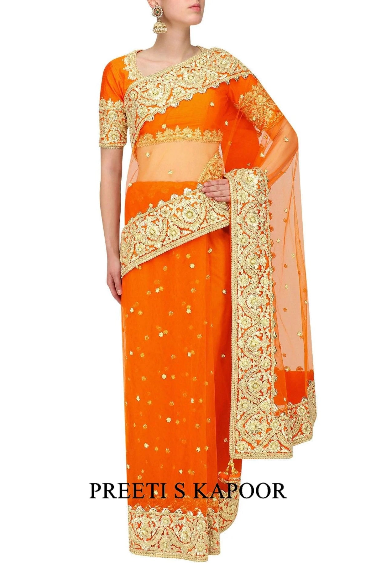 Orange Gota Patti Embroidered Saree And Blouse Set