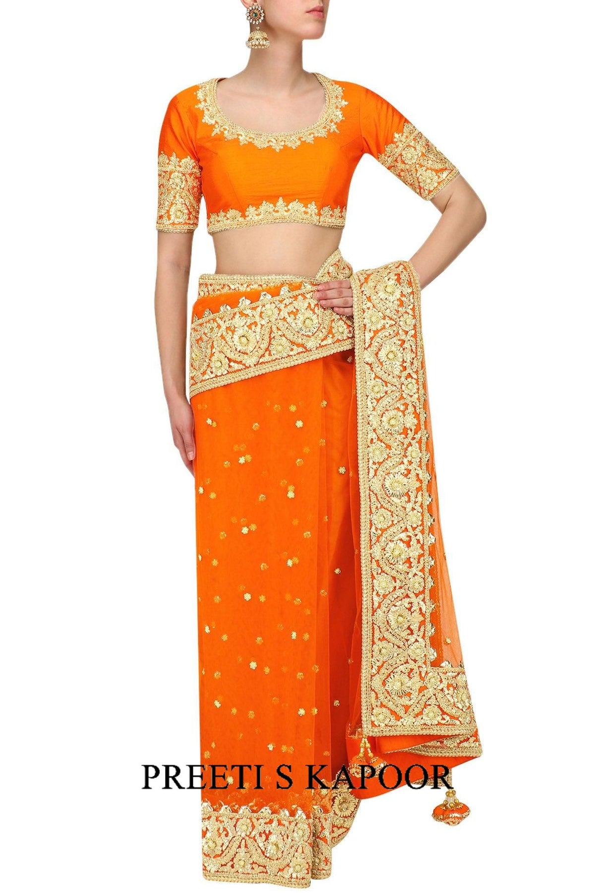 Orange Gota Patti Embroidered Saree And Blouse Set - Preeti s kapoor