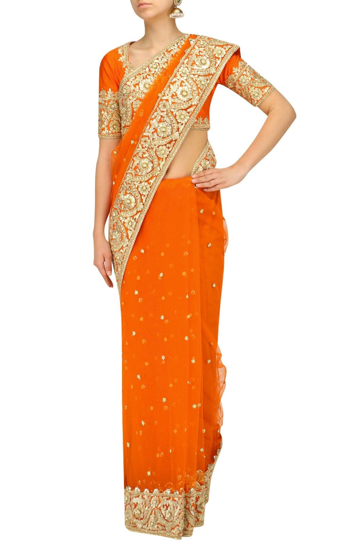 Orange Gota Patti Embroidered Saree And Blouse Set - Preeti s kapoor