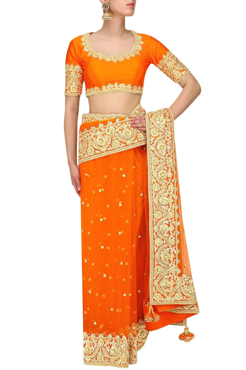 Orange Gota Patti Embroidered Saree And Blouse Set - Preeti s kapoor