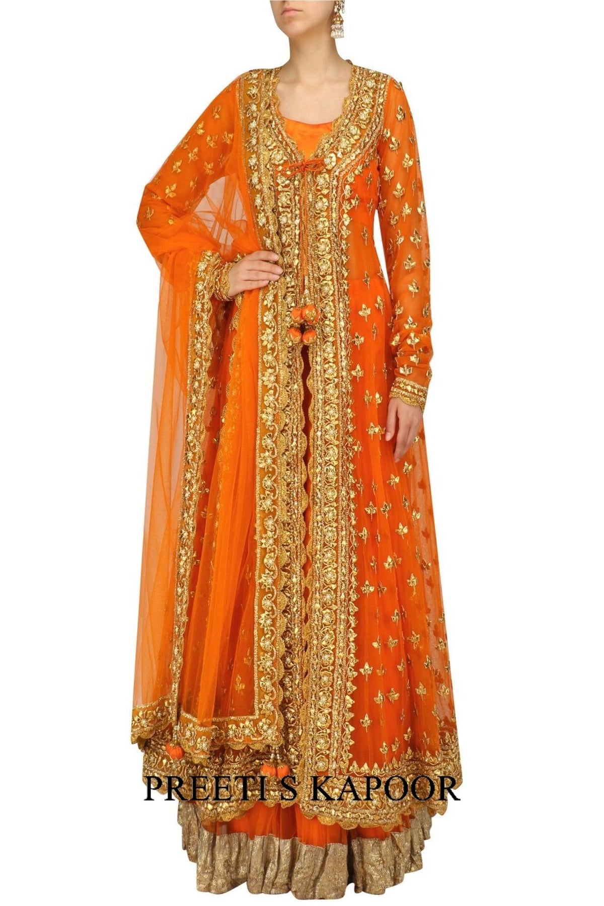 Orange Pearl Studded Scalloped Hem Jacket, Blouse And Lehenga Set - Preeti s kapoor