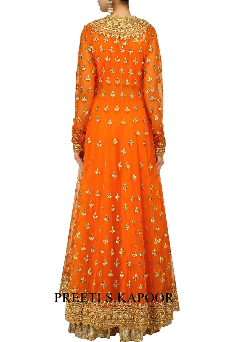 Orange Pearl Studded Scalloped Hem Jacket, Blouse And Lehenga Set - Preeti s kapoor