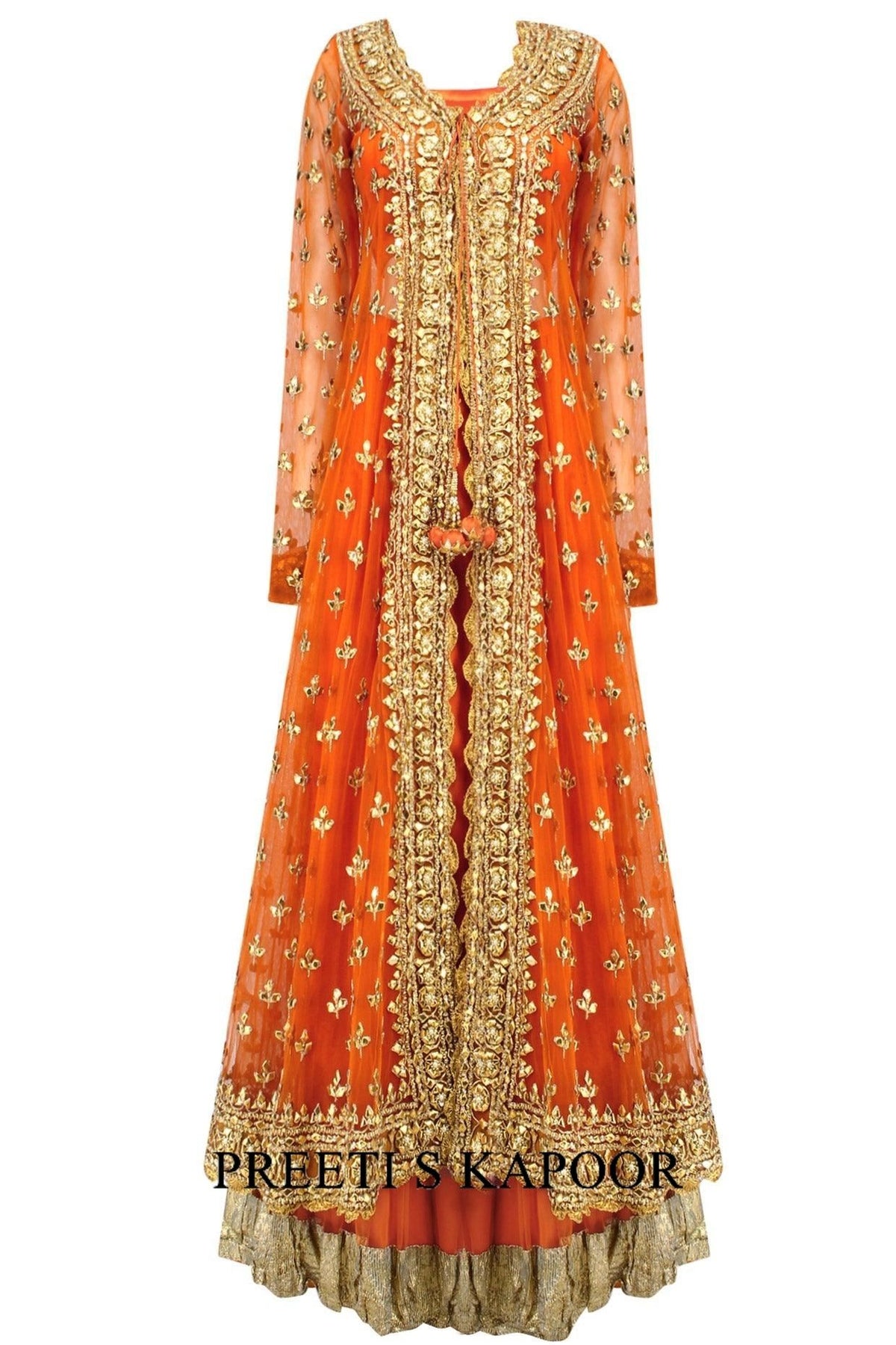 Orange Pearl Studded Scalloped Hem Jacket, Blouse And Lehenga Set - Preeti s kapoor