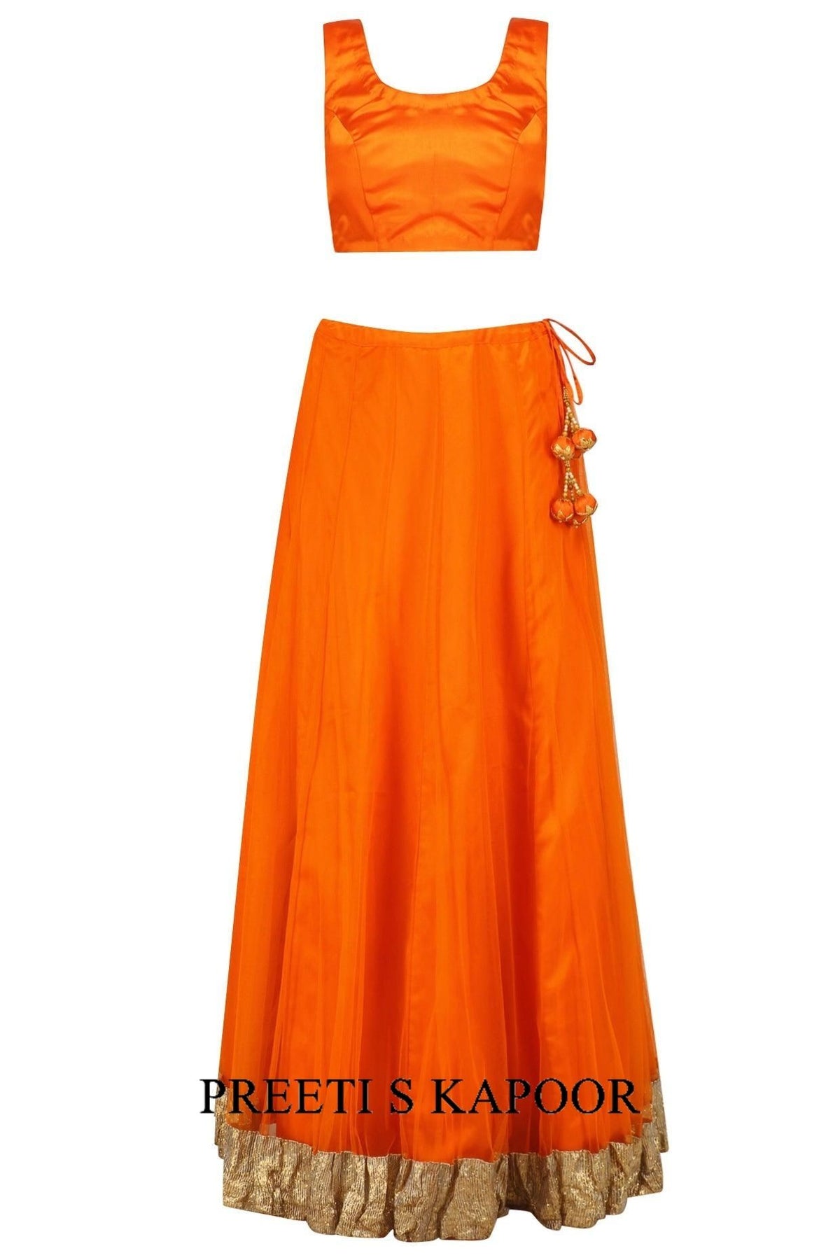 Orange Pearl Studded Scalloped Hem Jacket, Blouse And Lehenga Set - Preeti s kapoor