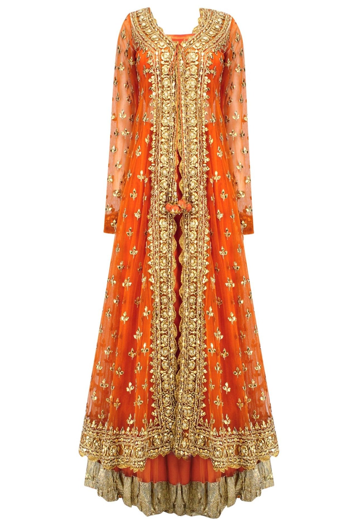 Orange Pearl Studded Scalloped Hem Jacket, Blouse And Lehenga Set - Preeti s kapoor