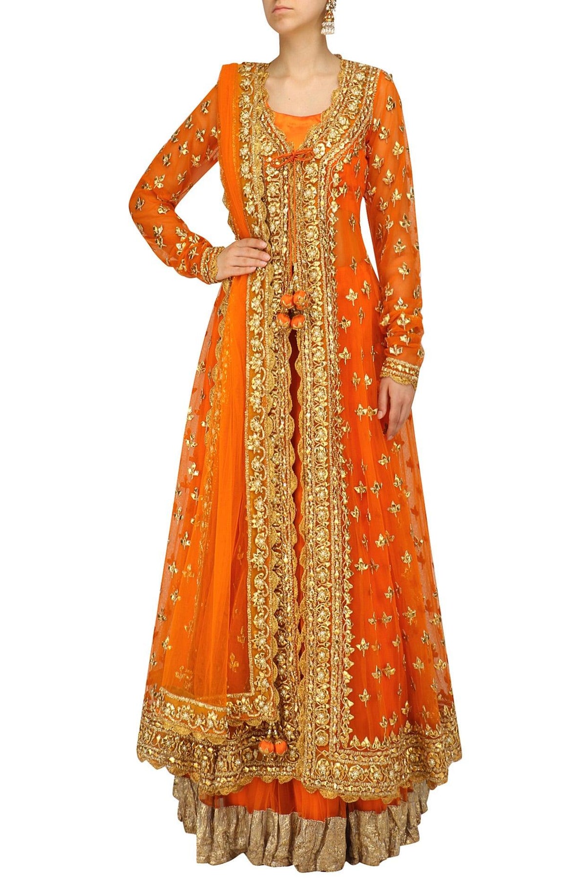Orange Pearl Studded Scalloped Hem Jacket, Blouse And Lehenga Set - Preeti s kapoor