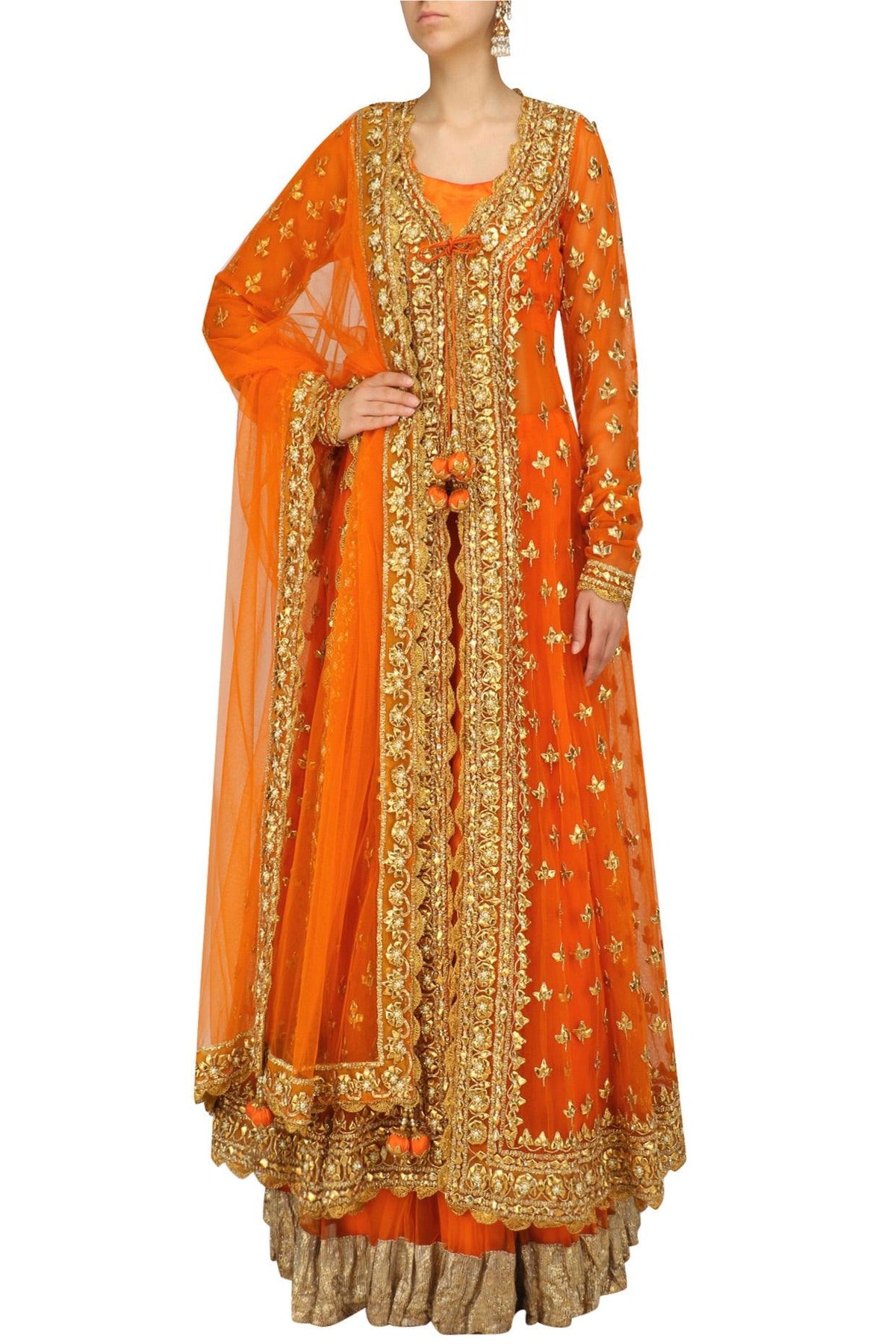 Orange Pearl Studded Scalloped Hem Jacket, Blouse And Lehenga Set - Preeti s kapoor